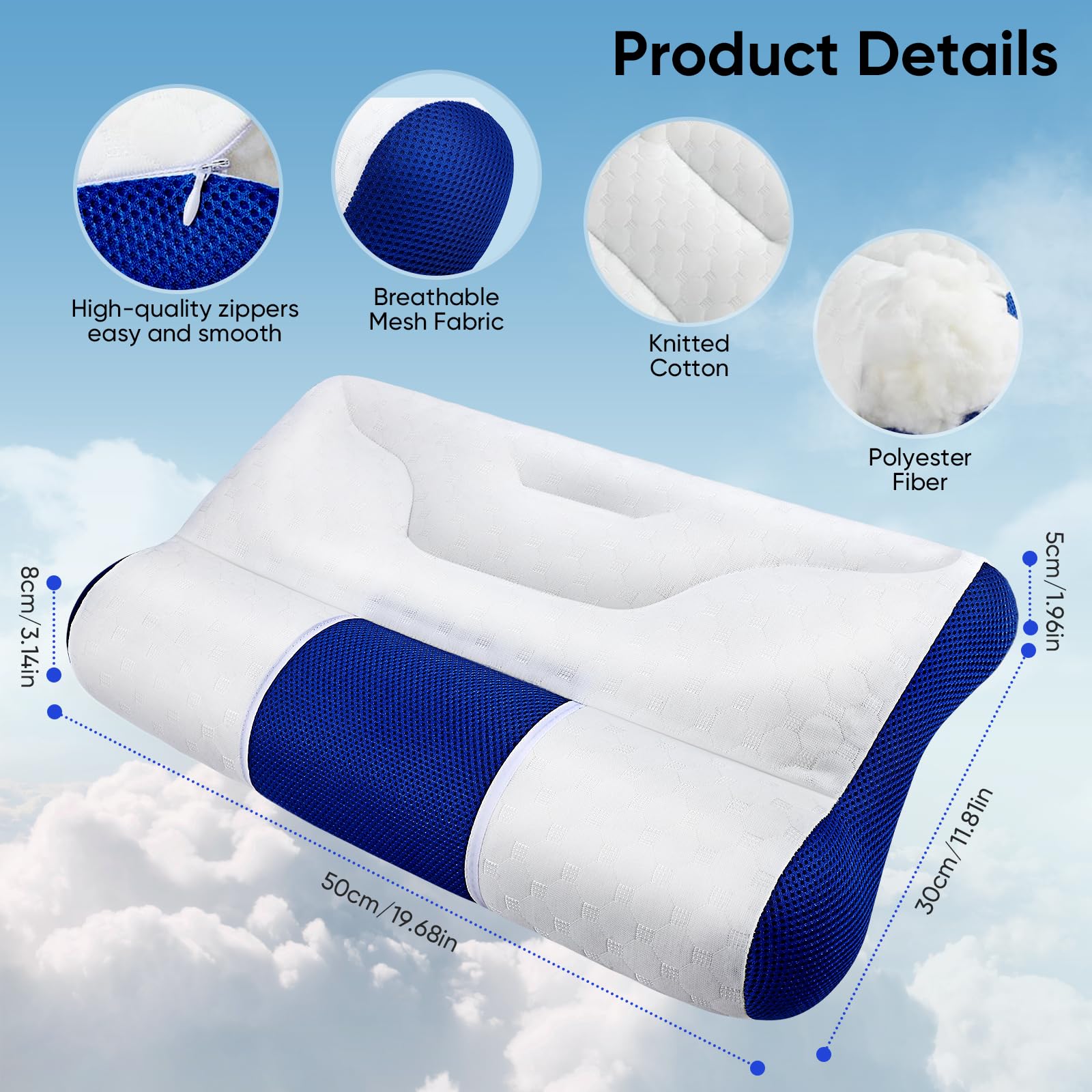 Oreiller Mémoire De Forme Cervical Ergonomique 2025 - 50x30x8cm Soutien Cou Bleu Foncé Soulagement Douleur