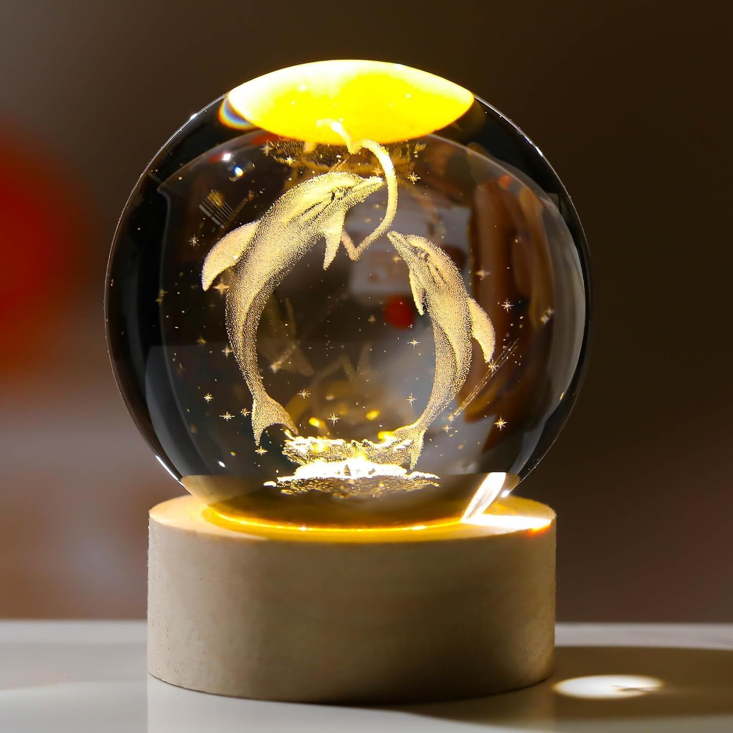 Aureo 3D Swing Crystal Ball LED Night Lamp with Wooden Base Laser Engraved Glass Sphere USB Powered Decorative Warm White Night Light Home Gift (Dolphin)-image-39