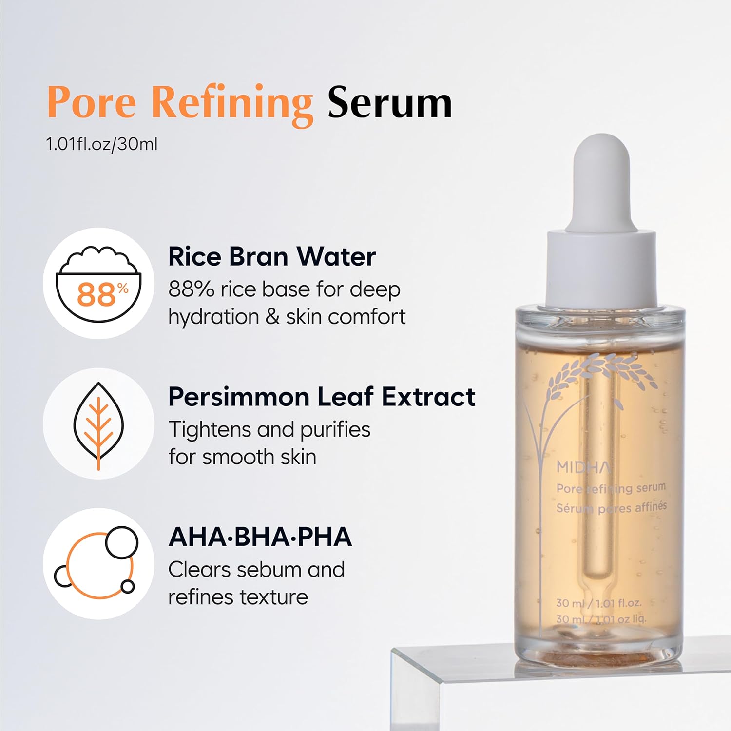 MIDHA RICE PORE REFINING SERUM, 1.01fl.oz/30ml,Pore care, Enlarged pore solution, Pore refining skincare, Lightweight, Smooth skin formula, Hydrating, Daily exfoliating essence - Image 3