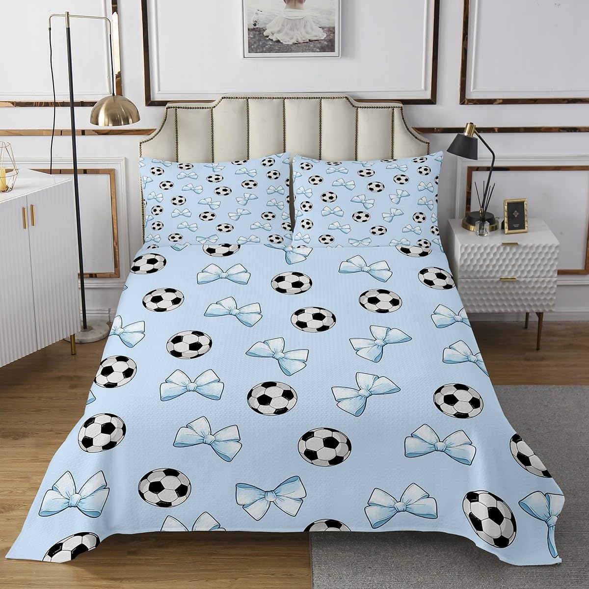 jejeloiu Soccer Ball Game Quilted Coverlet Football Bedspread for Kids Boys Girls Teens Blue Bow Coverlet Set Queen Size Cute Bowknot Room Decor Gift for Football Lover 3Pcs Breathable Soft