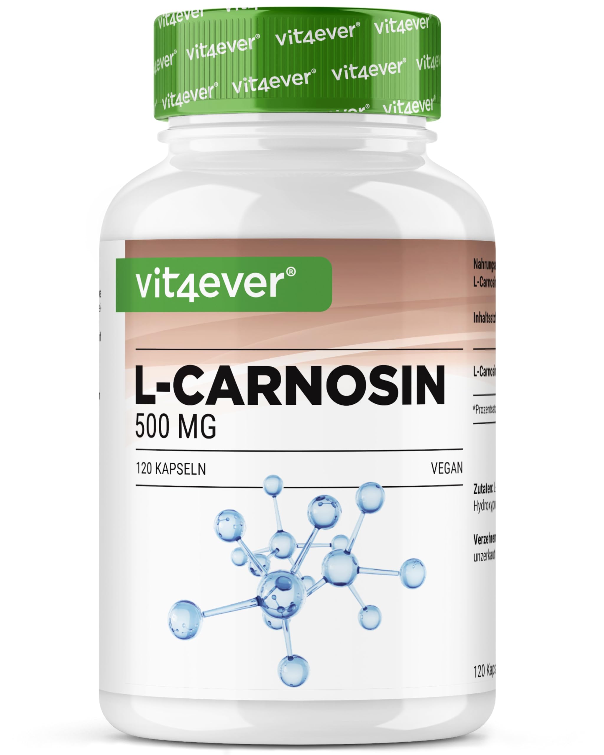 L-Carnosina - 120 capsule - Dosaggio elevato con 1000 mg per dose giornaliera - Amminoacido puro ottenuto tramite fermentazione vegetale - Senza additivi, vegano