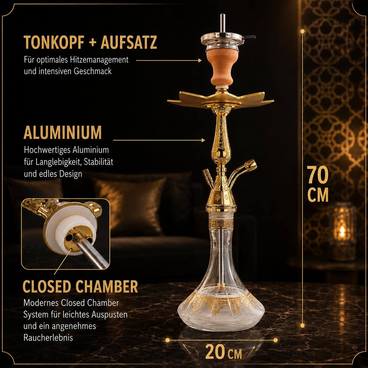DIAMOND HOOKAH® Premium Tradi Shisha KOMPLETTSET, Tradi Shisha Aluminium im Komplettset + Mundstücke + Kohlenanzünder 1000 Watt + 1 Kg Kohle (Clear)