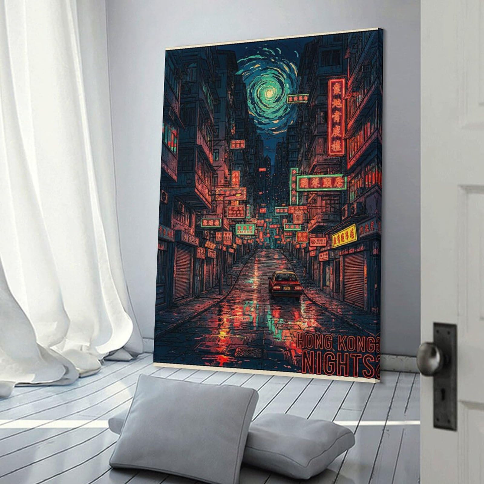 Junmoney Frame-Style-18 Room Decor Wall Art Hong Kong Nights Neon Street Scene, 24X36inch(60X90cm), For Entrance Spaces, Stair Walls Or Halls, Home Artwork For First Impressions