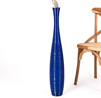 Leewadee Large Blue Home Decor Floor Vase - Wooden 34 inch Tall Farmhouse Decor Flower Holder for Fake Plant and Pampas Grass