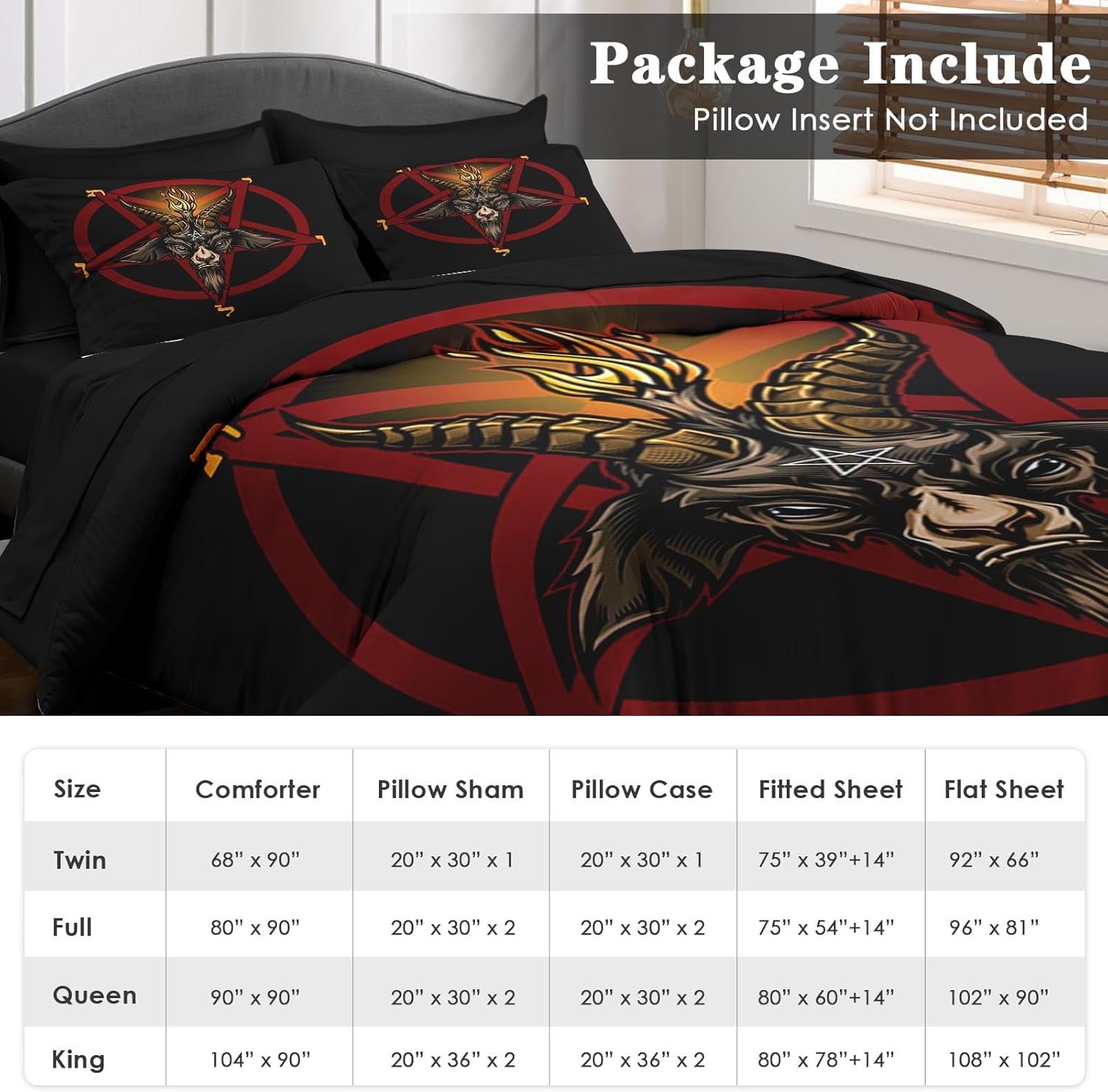 Comforter Set Queen Size, Baphomet Red Pentagram 7 Pcs Bedding for Kids and Adults, Vintage Halloween Goat Black Bed Sheet Sets with Fitted Sheet 2 Pillowcase & 2 Sham for Bedroom Bed Decor - Image 6