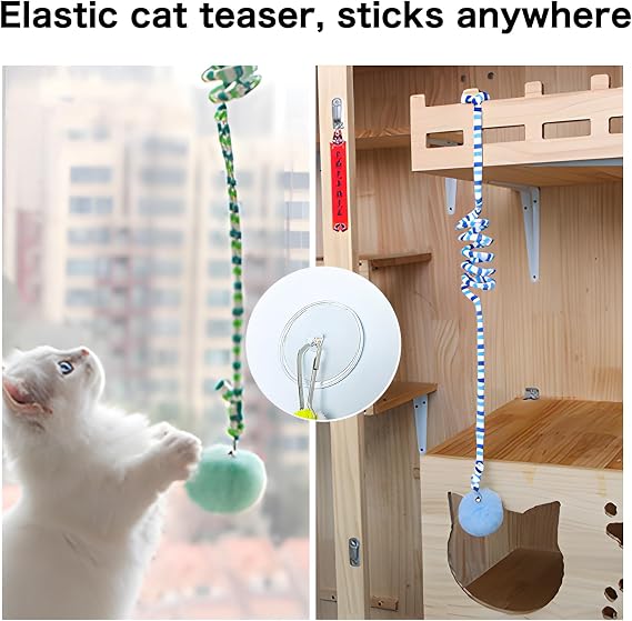 3Pcs Kitten Spring Cat Toy Cat Teasing Stick with Bell Bouncy Ball, Hanging Fluffy Cat Catnip Ball Toys Interactive Cat Teaser Retractable Toys Indoor Kitten Play Chase Exercise