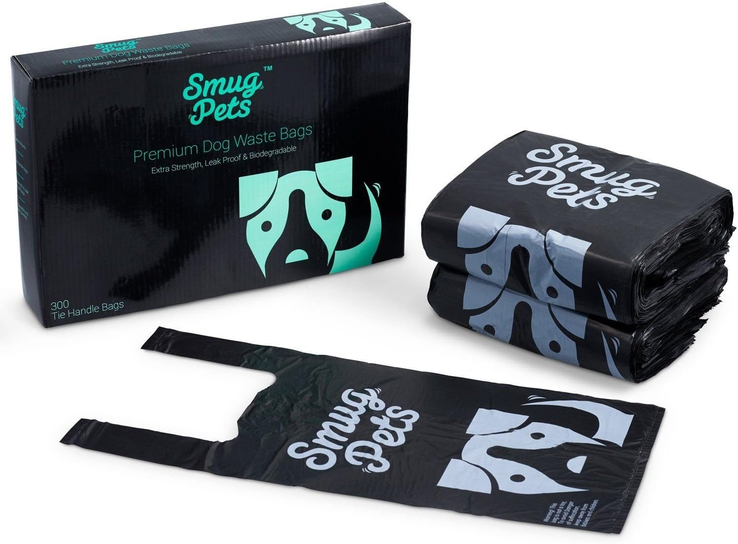 SmugPets Premium Biodegradable 300 Dog Poop Bags – Easy Tie Handles - Scented & Leak Proof Waste Bags – Extra Large & Extra Thick Bags - Eco Friendly