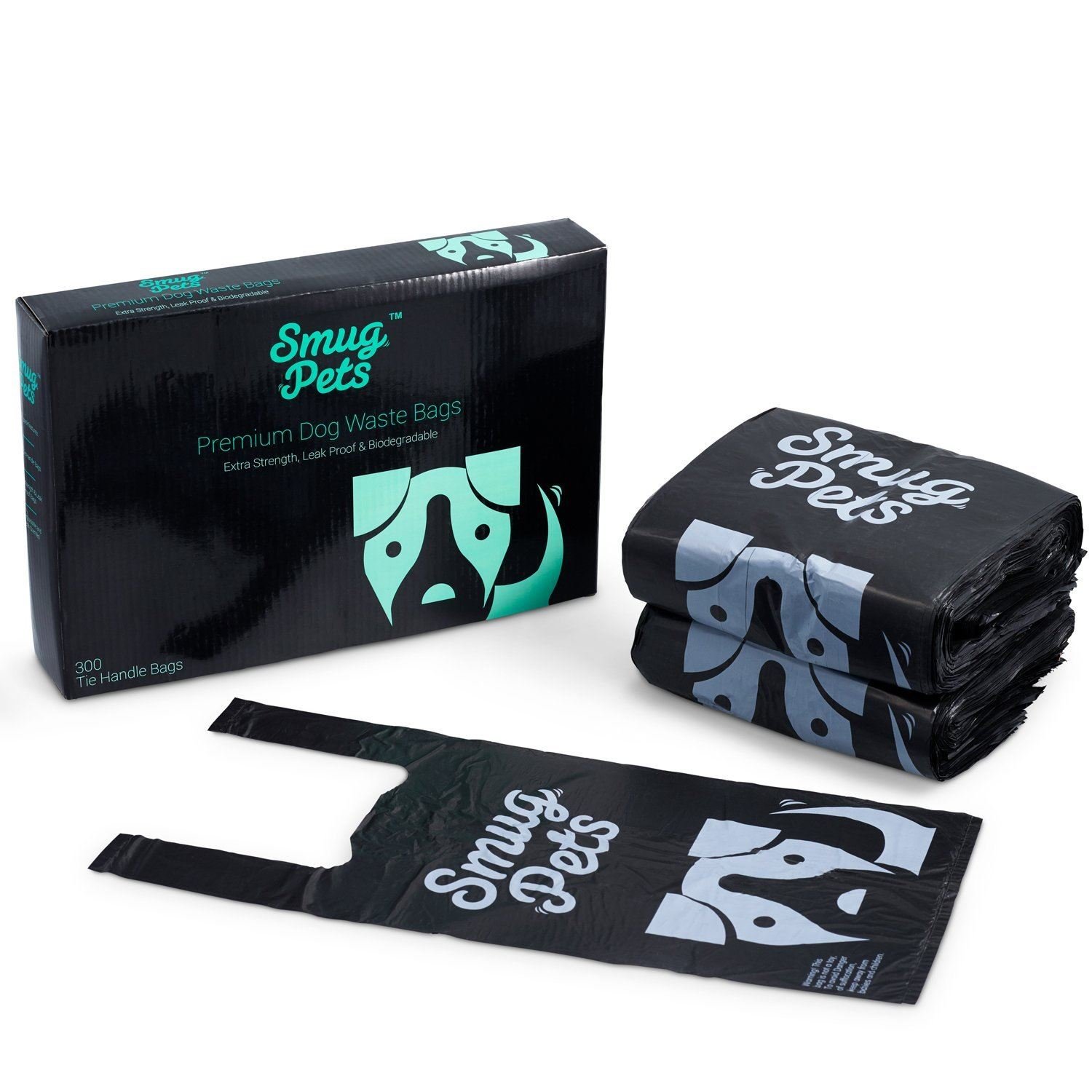 SmugPets Premium Biodegradable 300 Dog Poop Bags – Easy Tie Handles - Scented & Leak Proof Waste Bags – Extra Large & Extra Thick Bags - Eco Friendly