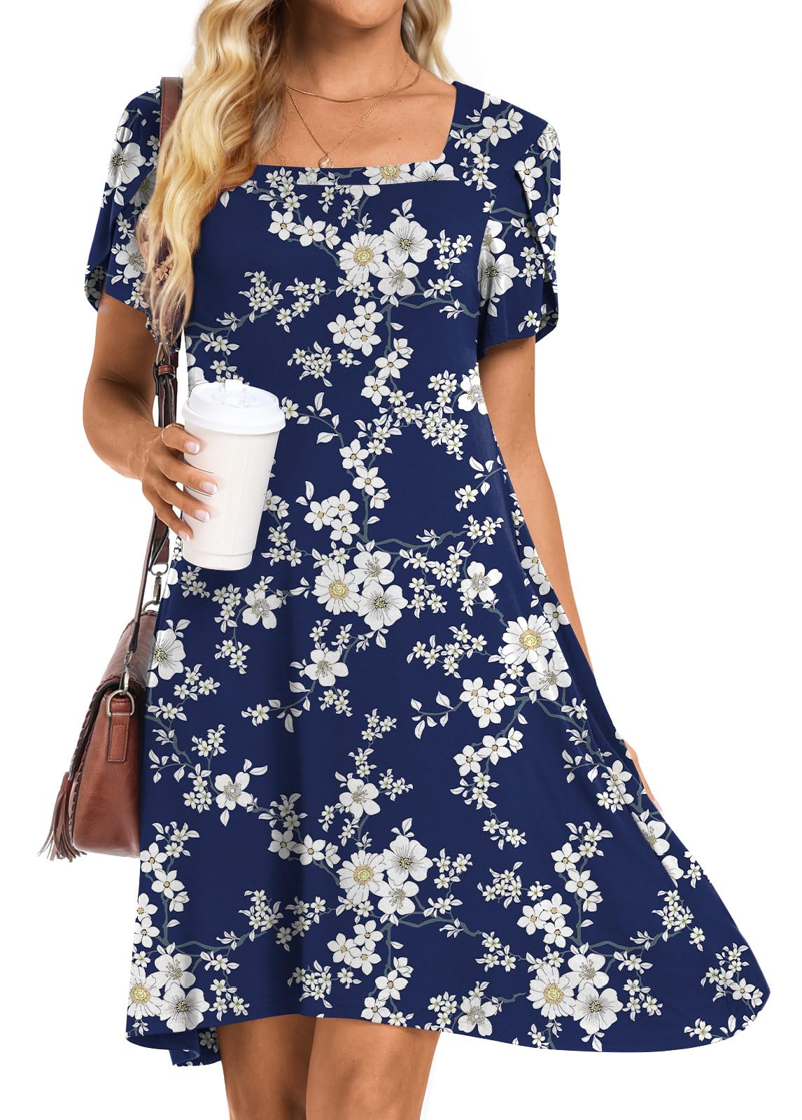 HOTGIFT Womens Summer Casual Dress Short Sleeve Square Neck Dresses Boho Floral Print Loose Beach Sundress