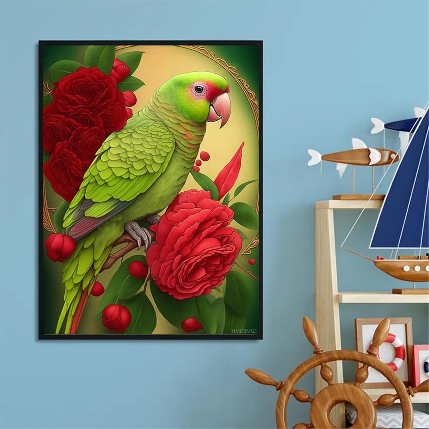 Green Parrot Bird Diamond Christmas Decor Painting Kit, A Full Round Embroidery Kit Pasted by Number, Perfect for Early Spring Home Decor and Holiday Gift forNew Year's Day Valentine's Day 12x16 In