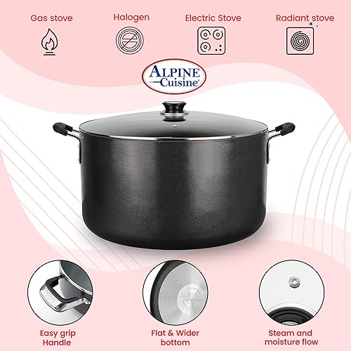 Miniatura 6 de Alpine Cuisine Olla antiadherente de 35 cuartos con tapa de vidrio templado y asas de transporte, utensilios de cocina multiusos de aluminio para