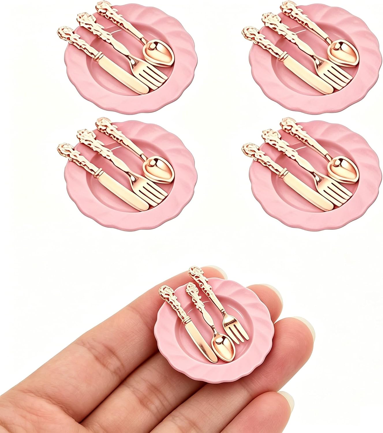 jojofuny 4 Sets Miniature Dishes, 1:12 Scale Dollhouse Tableware Set | Mini Plates & Cutlery with Forks, Knives, Spoons for Dollhouse Kitchen, 0.9" Mini Dining Accessories, Role Play & Crafts