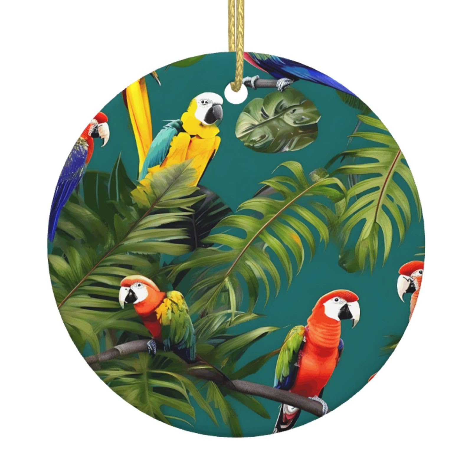 Tropical Plants And Parrots Print Christmas Ornaments, Ceramic Hanging Ornament, Round Shape Decorations