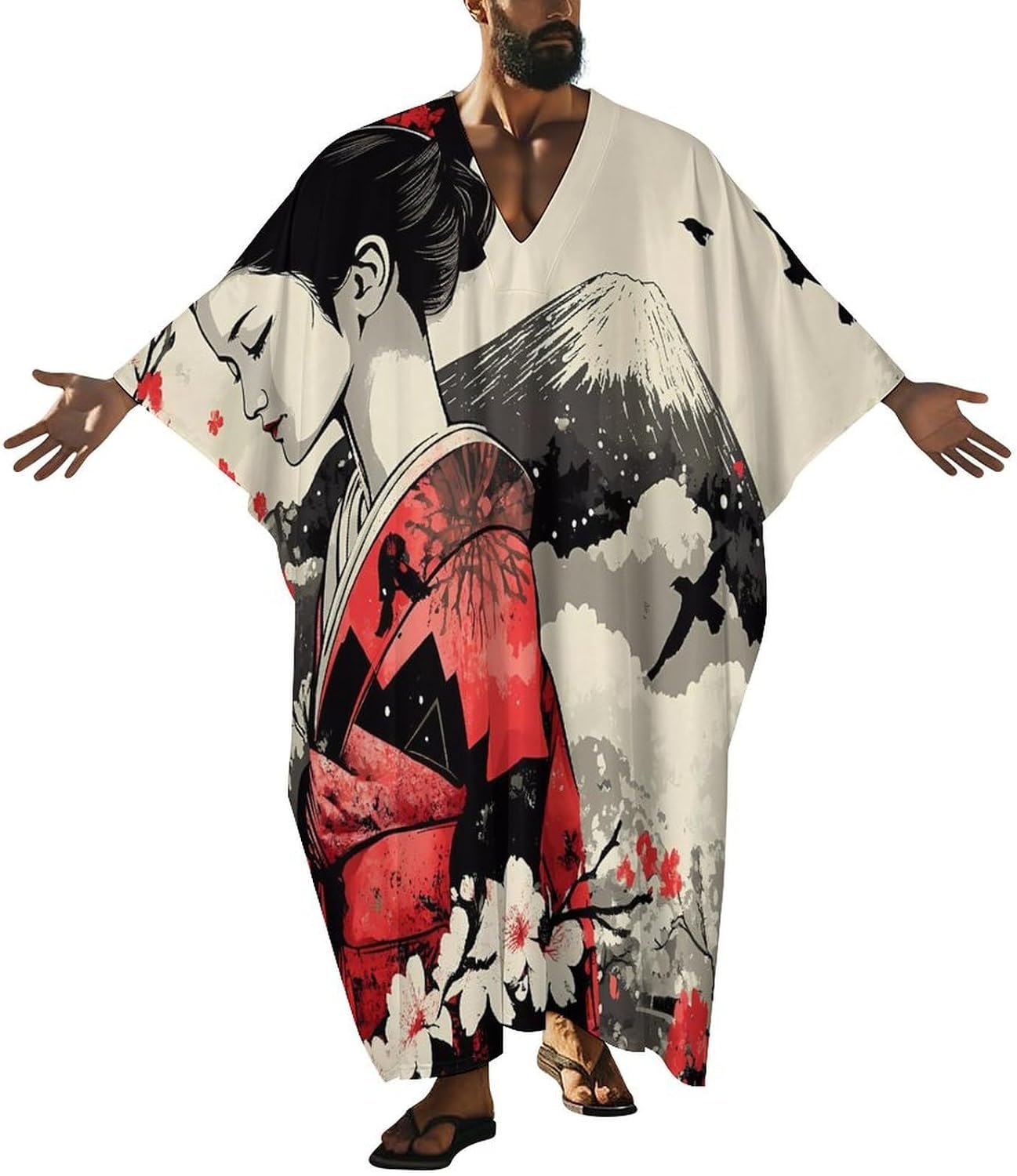 Japanese Geisha Mount Fuji Men's Kaftan Thobe V-Neck Long Gown Loose Robe