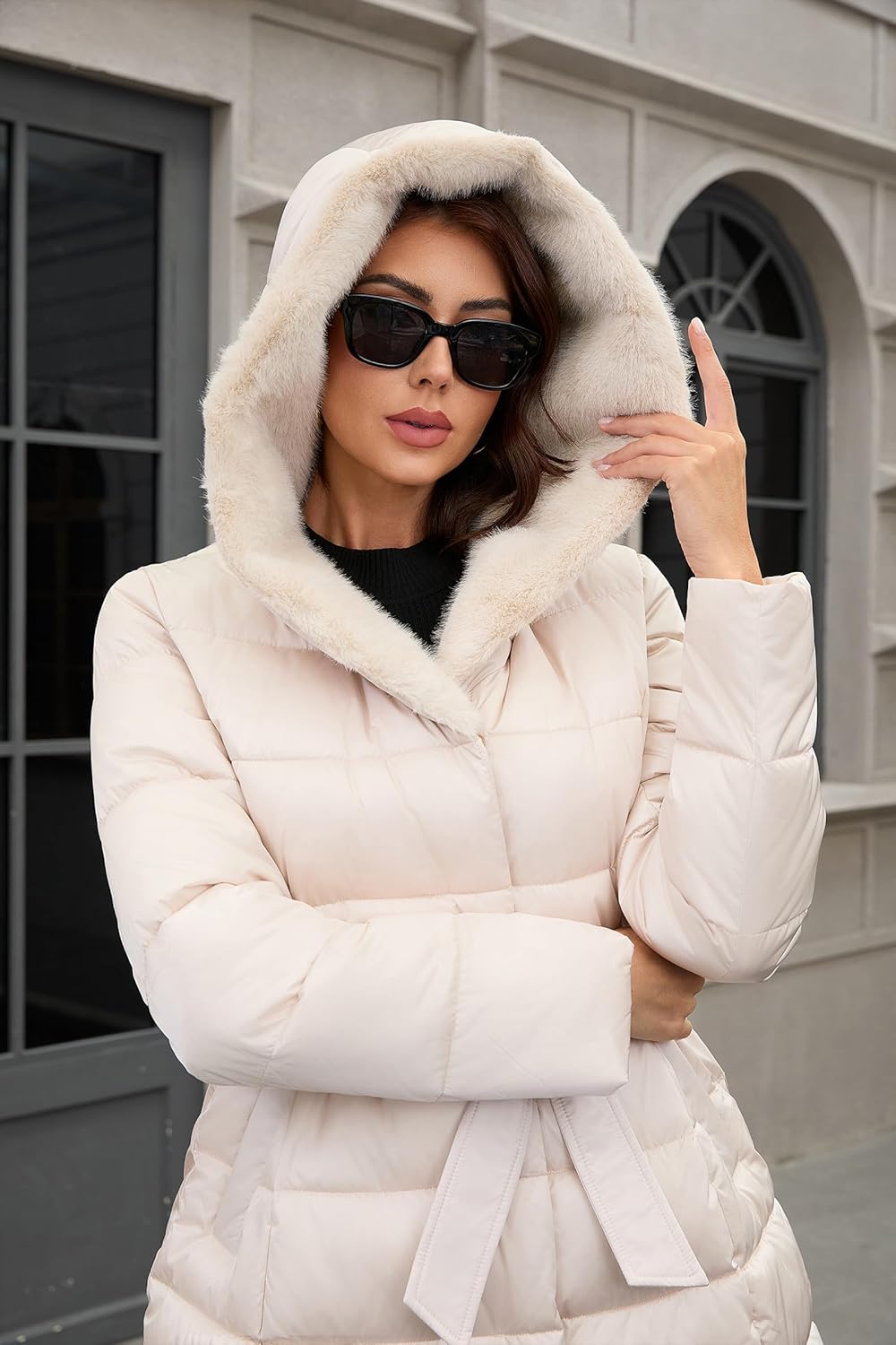 PAPILLON D'OR WEAR YOUR WINGS Women's Long Puffer Coat with Belt, Hood & Furry Lining - Knee-Length Winter Jacket - Image 5