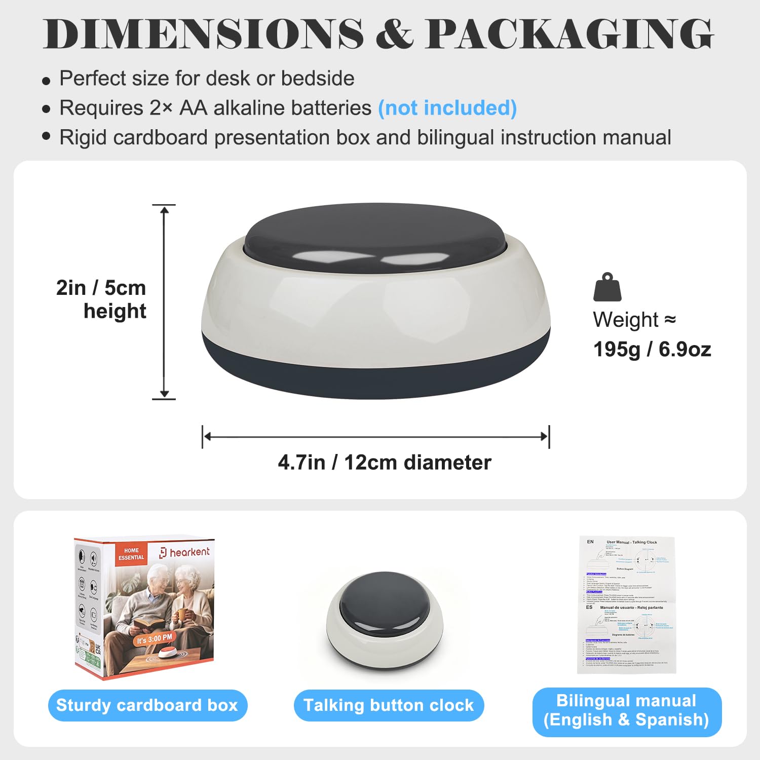 Hearkent Reloj parlante, inglés y español, botón grande para indicar la