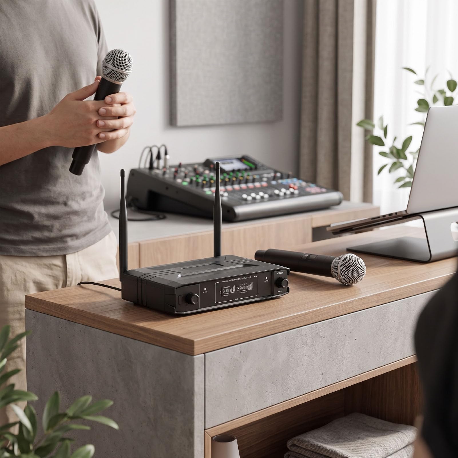 XUMIUZIY Microfonico Portatile Wireless, Doppio Canale per Palco per Conferenze Karaoke (Spina europea)