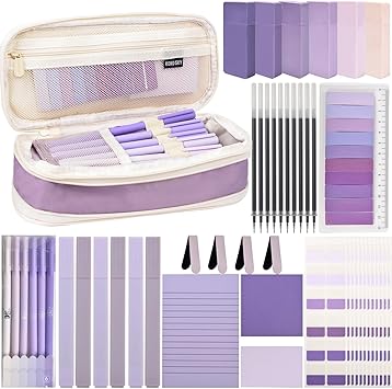 47Pcs Aesthetic School Supplies with Pencil Pouch - Cute College Essentials Set, Big Capacity Pen Case, Pastel Highlighters, Bible Study Journaling Stationary Kit Purple