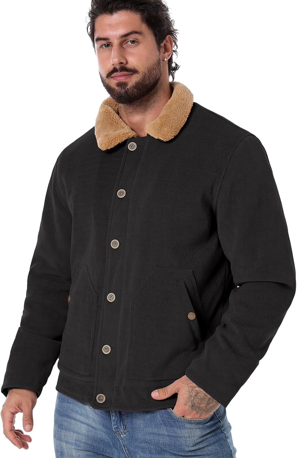 CARWORNIC Men's Winter Corduroy Jacket Warm Fleece Lined Work Jacket Casual Sherpa Trucker Coat - Image 3