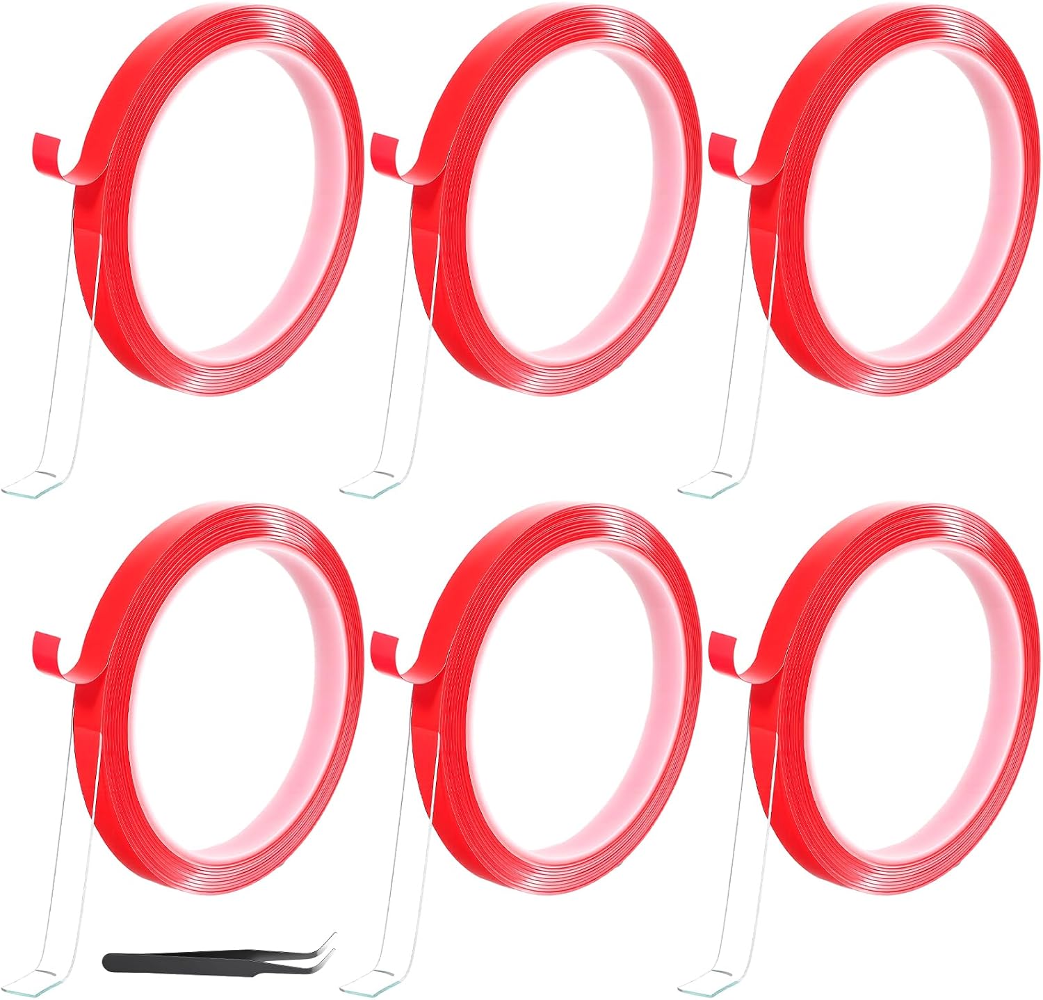 6 Rolls Double Sided Tape for Nails, Adhesive Nail Tape with Tweezer Red Press On Nail Packaging, Stand Sticky Tabs Double Sided Fake Nail-Art Storage Display Salon Press On Nails Supplies