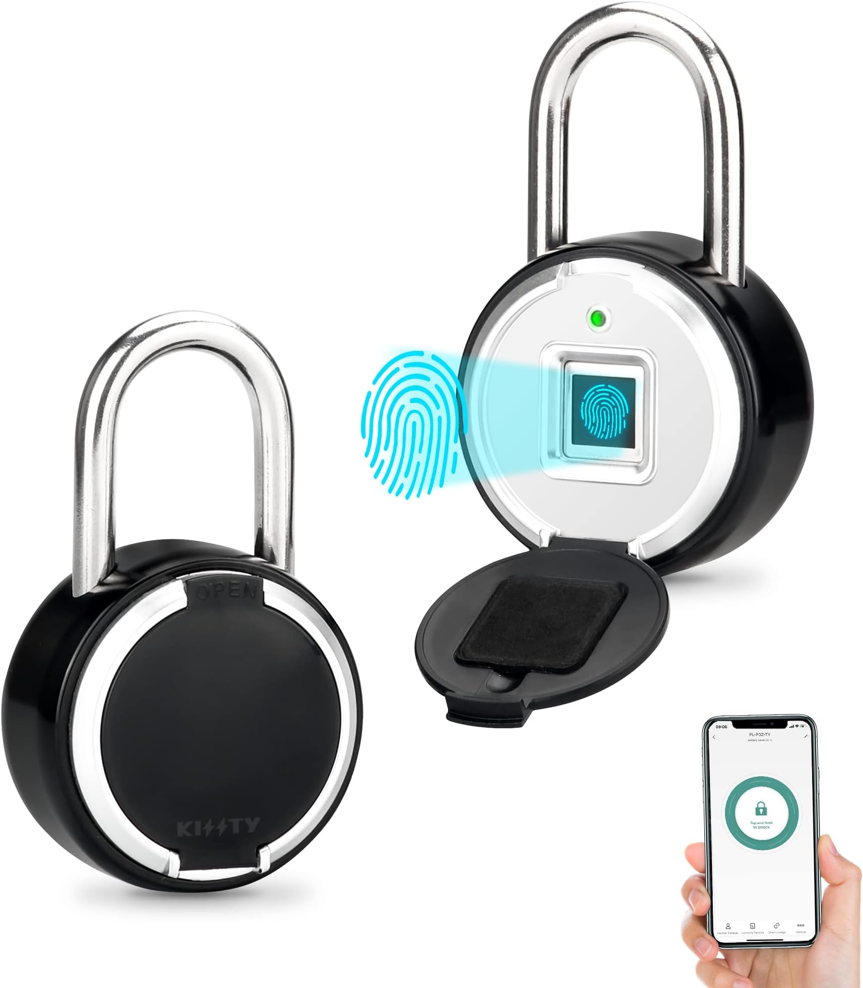 KISSTY Fingerprint Padlock, Smart Locker Lock APP Bluetooth Lock Thumbprint Gym Lock USB Rechargeable Small Waterproof Locks for Lockers