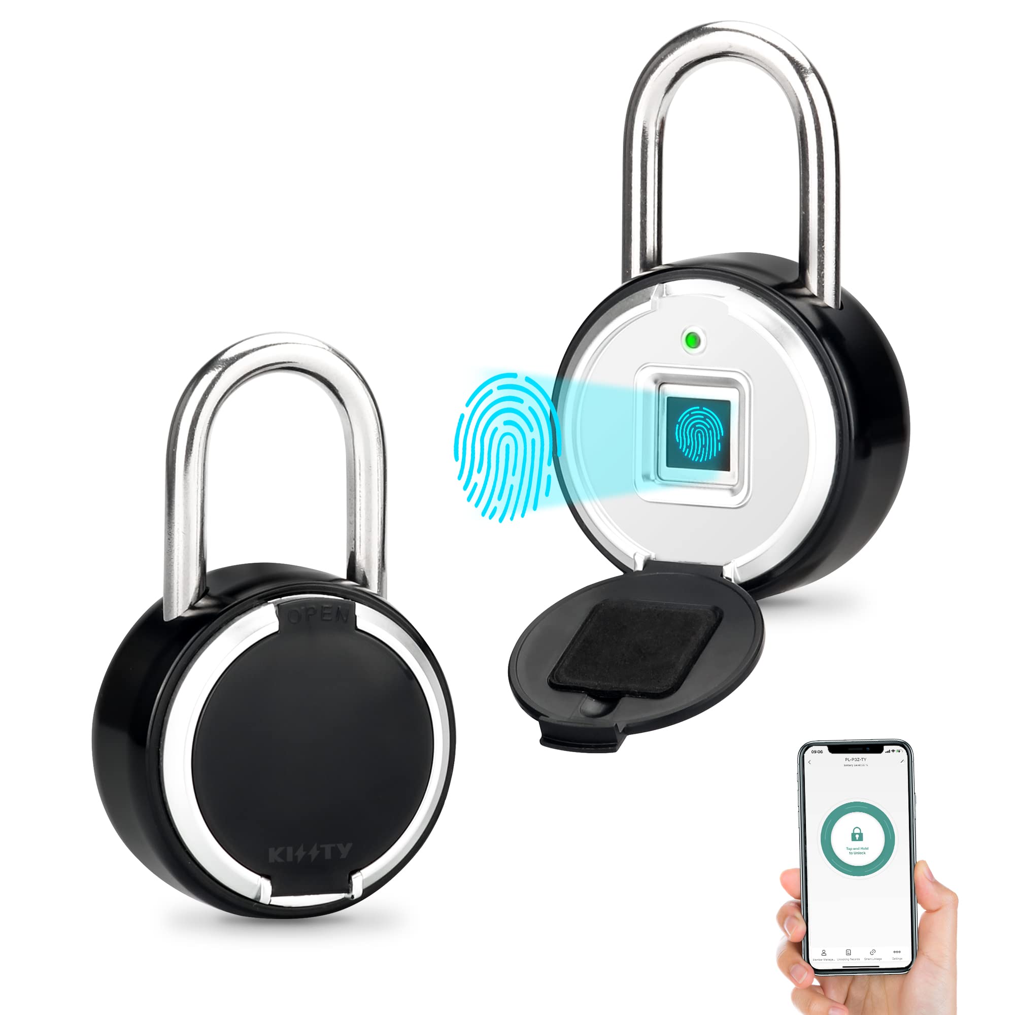 KISSTY Fingerprint Padlock, Smart Locker Lock APP Bluetooth Lock Thumbprint Gym Lock USB Rechargeable Small Waterproof Locks for Lockers