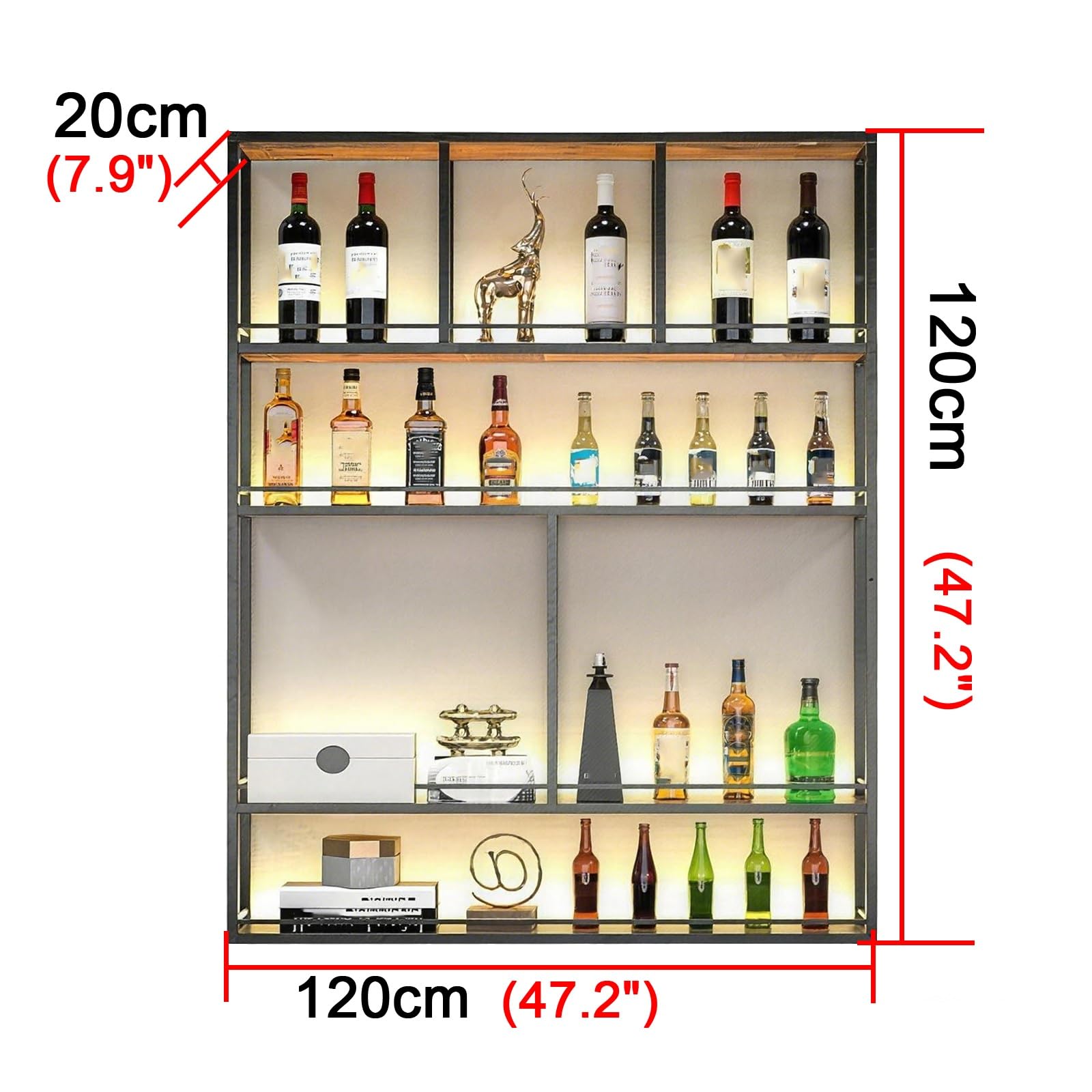 Botellero con Luz LED Botelleros Industrial Materiales de Metal Y Madera Estante Comercial para Vinos Diseño de 4 Niveles con Barandilla H120 Cm (47,2”) Estructura