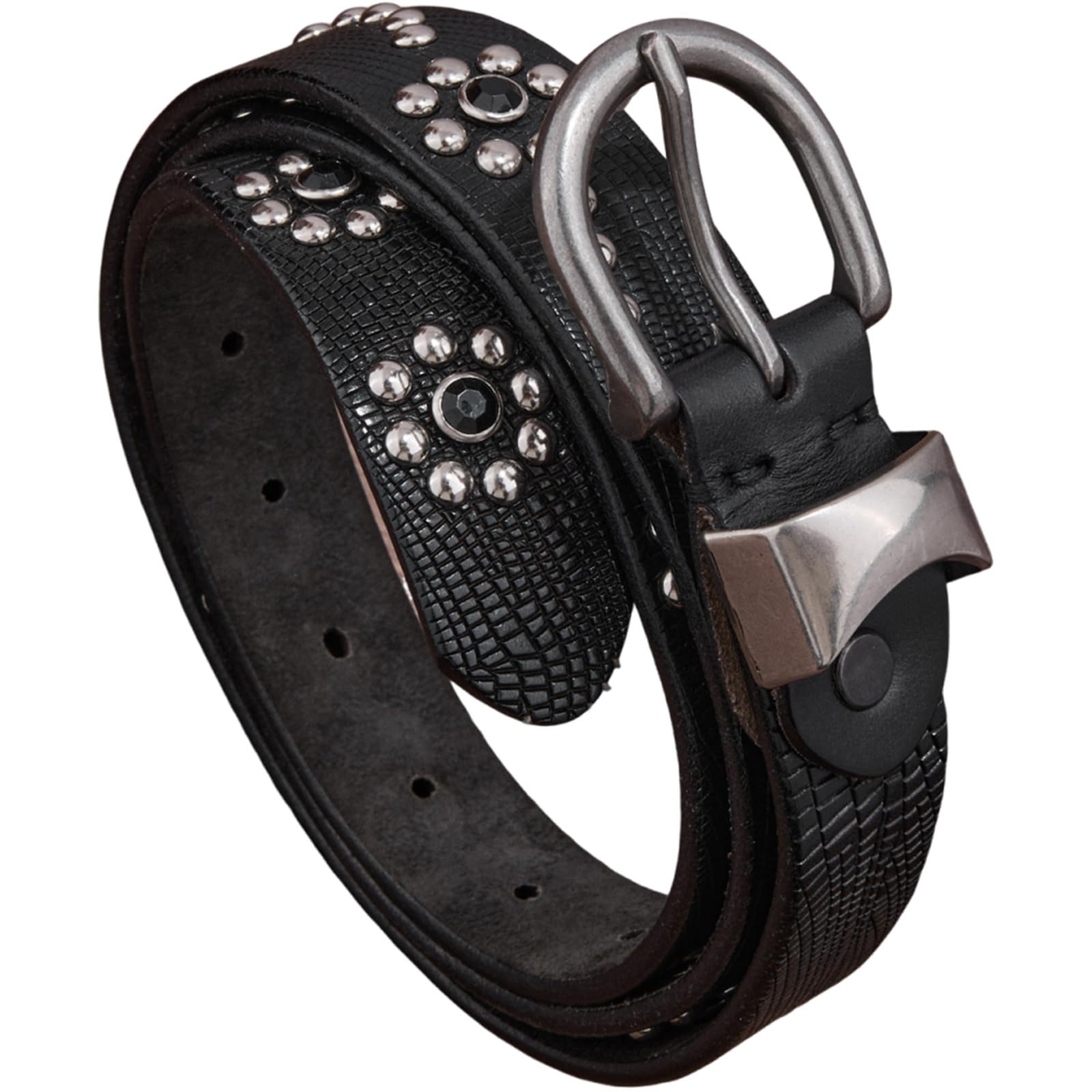 AGUTALITHIC Rhinestones Round Rivets in Floral Arrangement Studded Belt – Punk Rock Crocodile Pattern Embossed Leather Strap(105cm/41, Black)