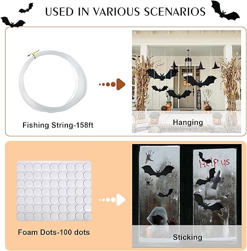 Miniatura 3 de 18 piezas de murciélagos colgantes para decoración de Halloween al aire libre, 3 tamaños diferentes, murciélagos colgantes de Halloween,