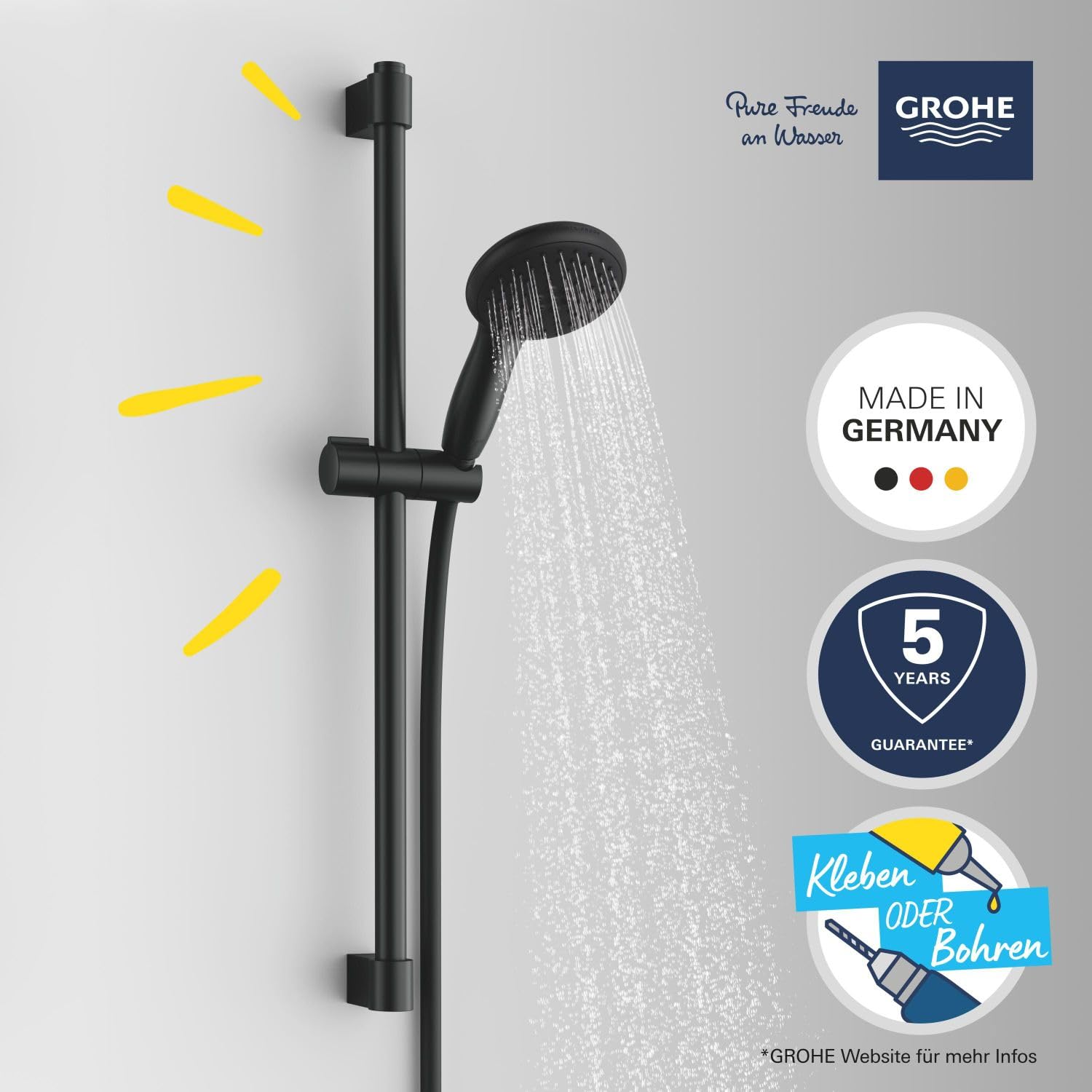 GROHE Vitalio 110, Duschset wassersparend, 6l pro Min (Brausestangenset mit: Duschkopf 2 Strahlarten, 1,75m Schlauch, Duschstange 60cm, zum Kleben oder Bohren, ohne Kleber), rund, schwarz, 279482431