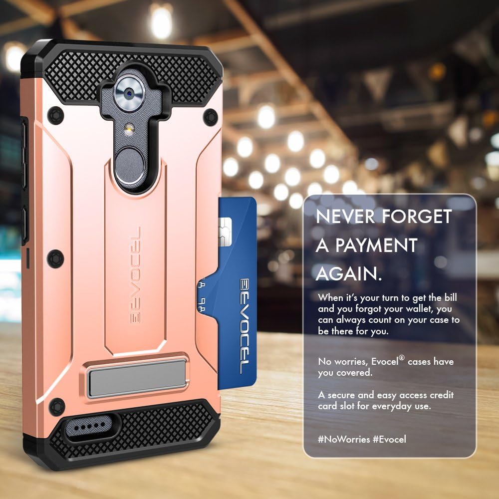 ZTE MAX XL Case, Evocel [Explorer Series Pro] Dual Layer Credit Card Case with Glass Screen Protector & Magnetic Kickstand for ZTE Blade Max 3/ ZTE Blue Max/ZTE N9560/ ZTE Z986/ ZTE N986, Rose Gold