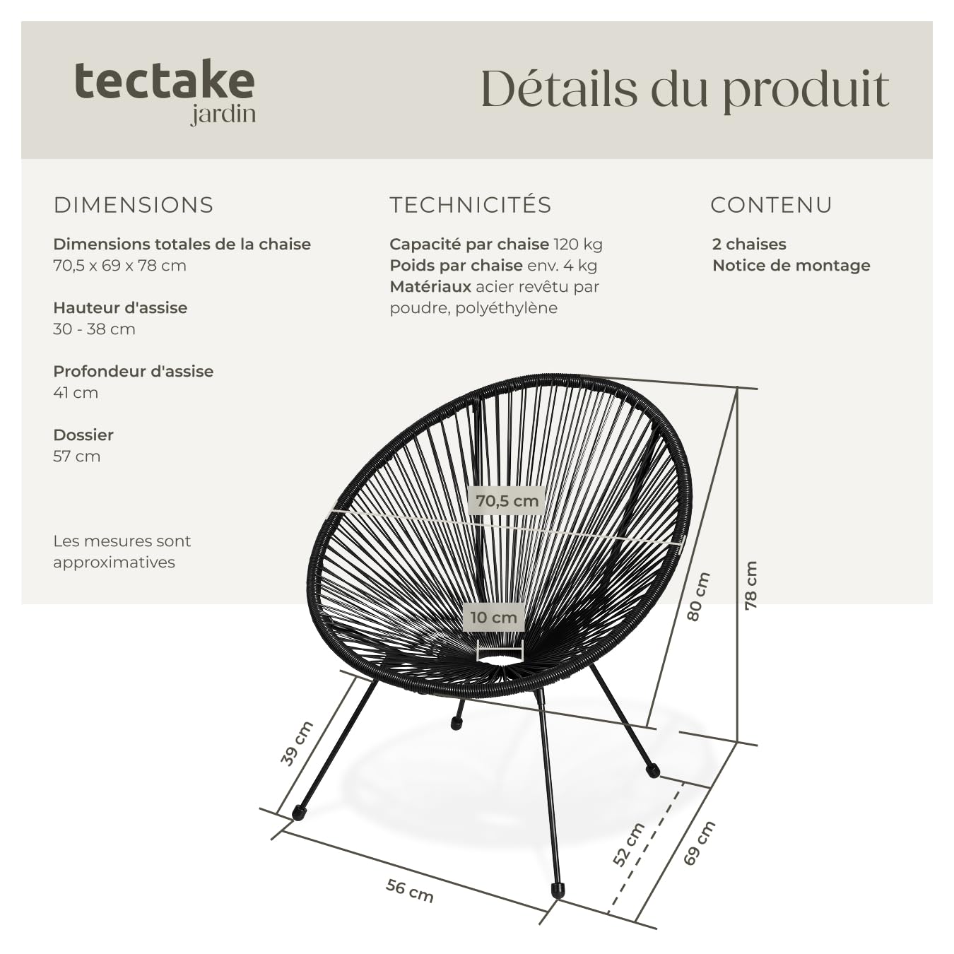 tectake® Lot de 2 Fauteuil de Jardin Acapulco pour Salon de Jardin Exterieur ou Intérieur, Structure en Acier époxy, Mobilier pour Amenagement Balcon Terrasse - Plusieurs Couleurs