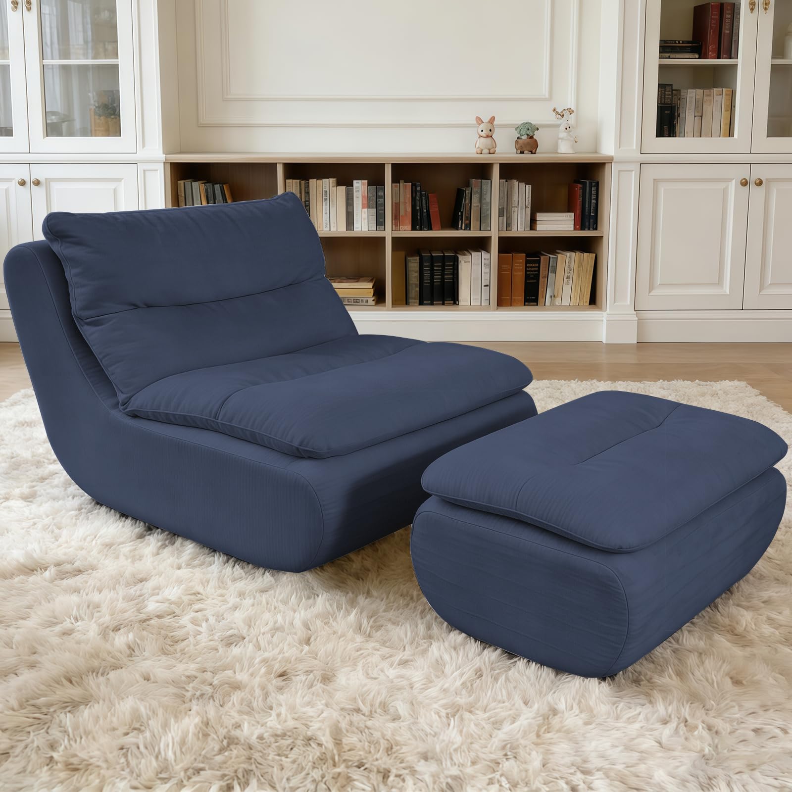 WXJHL Großer Sitzsack Sofa mit Hocker, Bodensofa für Erwachsene und Kinder-Gefüllt mit Memory-Schaum, lässiger Loungesessel für Schlafzimmer und Wohnzimmer, Marineblau Küche, Haushalt & Wohnen