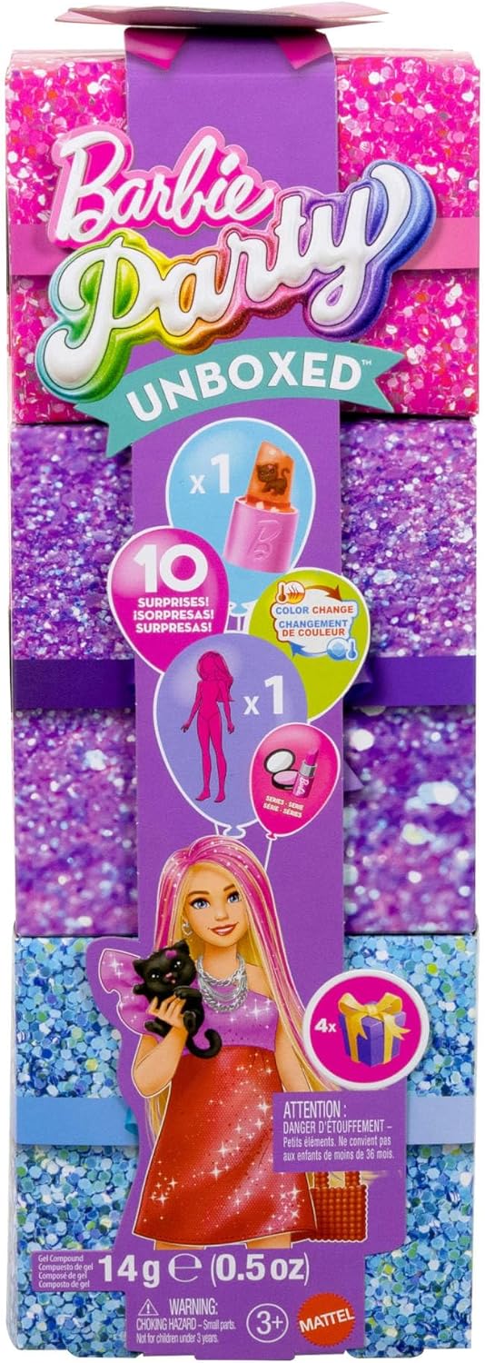 Barbie Party Unboxed Doll & Accessories, Glam Party Series with 10 Surprises Including Color-Change, Red Sparkle Doll