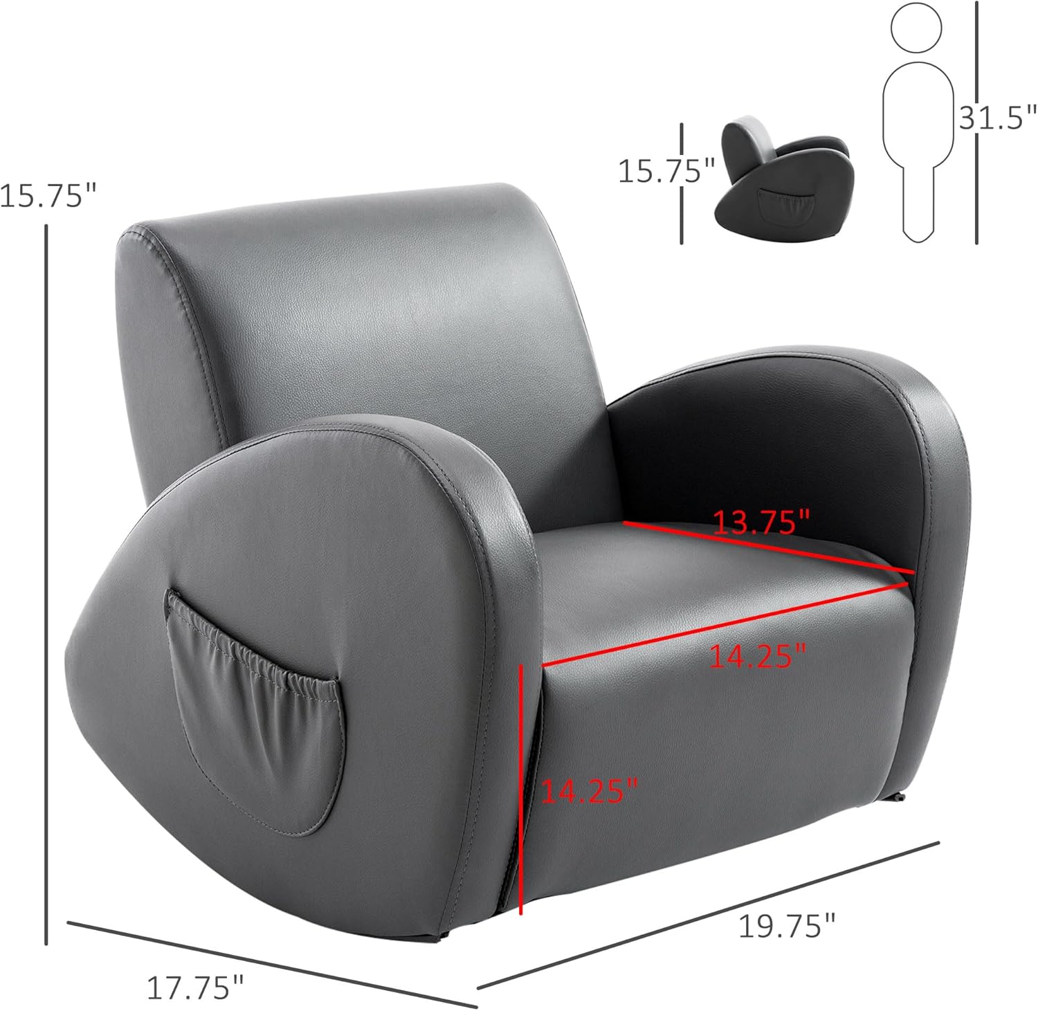 Sofa Rocking Chair with Side Pocket, PU Leather Toddler Armchair for Children Grey