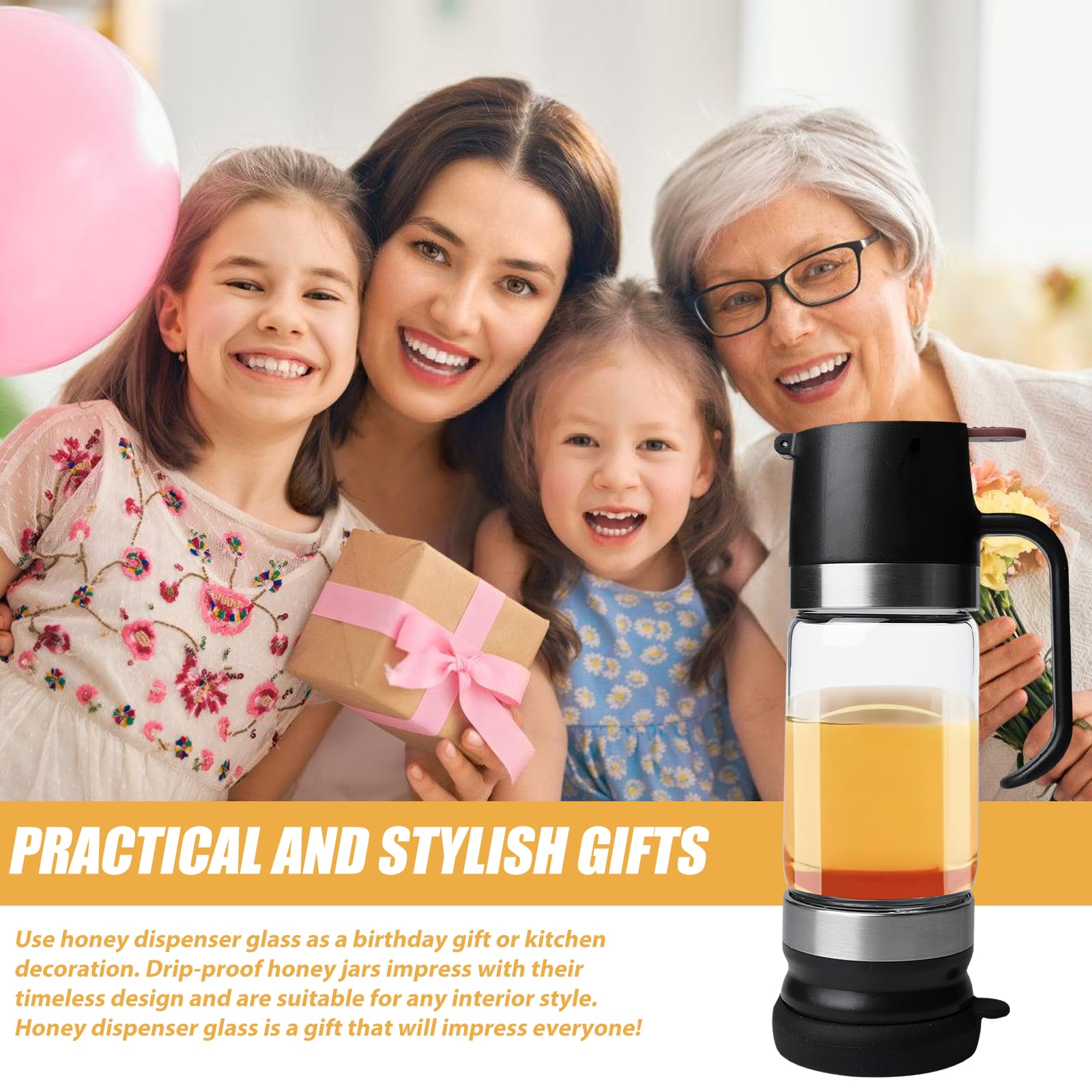 Dispenser di miele in vetro borosilicato 300 ml: barattolo per miele antigoccia con manico e tecnologia anti-ritorno, ideale per sciroppo, marmellata, caffè, tè, cucina e ufficio