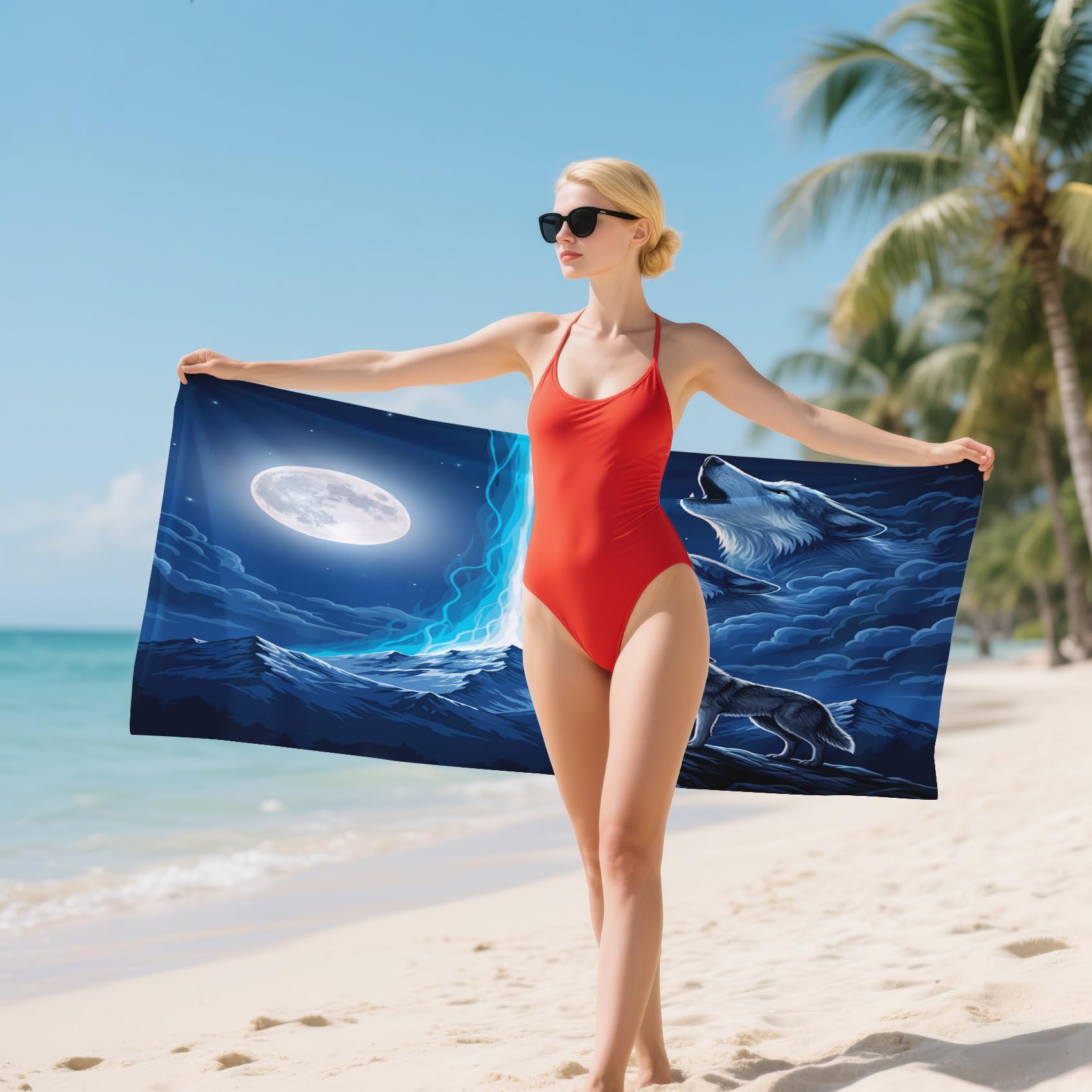 Serviette de Plage XXL Microfibre Loup Enfant Lune Animaux, Drap de Plage Séchage Rapide Anti Sable & Légère, Serviette de Bain Grande Taille 100x200 cm, Accessoire & Cadeau été
