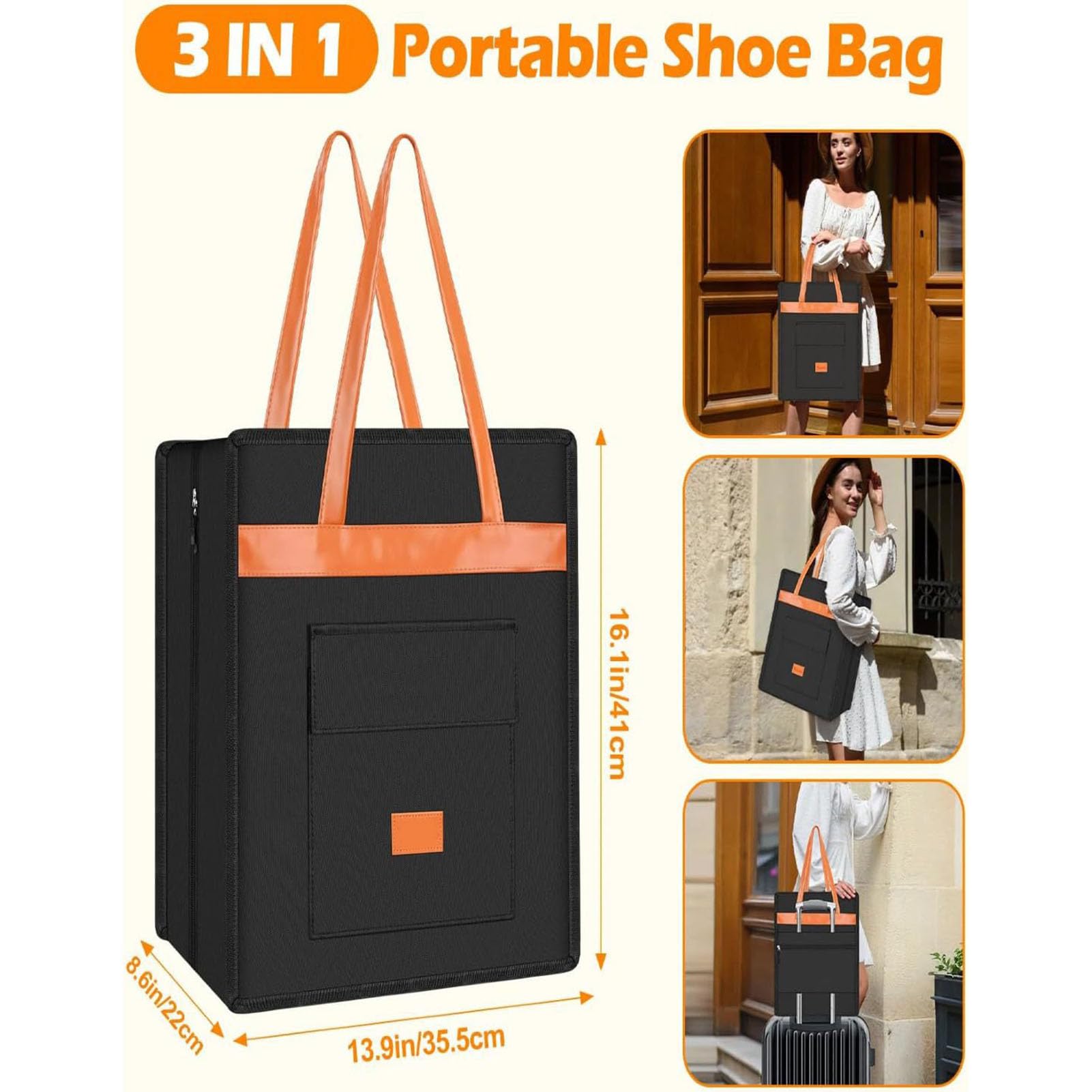 Luocute Borsa per Scarpe da Viaggio con Manico in Pelle Nera, può Contenere 6 Paia (BLACK)