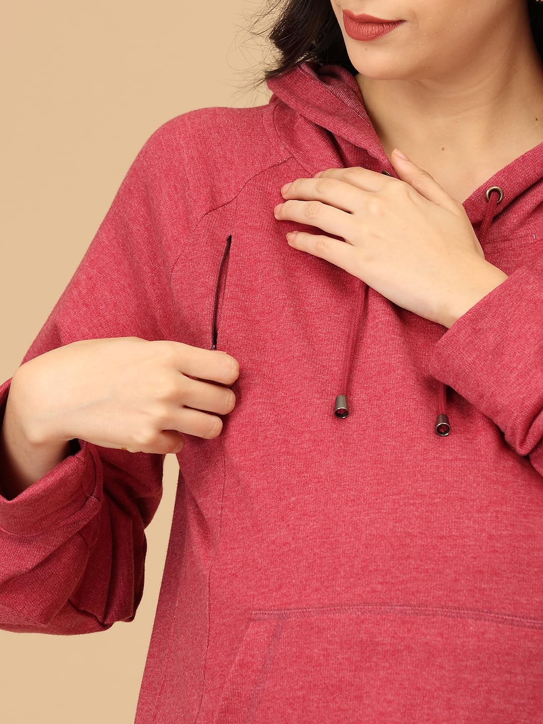 The Mom Store Maternity and Nursing Winter Hooded Sweatshirt | Breastfeeding Pre and Post Pregnancy Sweatshirt | Trendy Hoodies for New Mom | Dusty Snug, Crimson | M 1