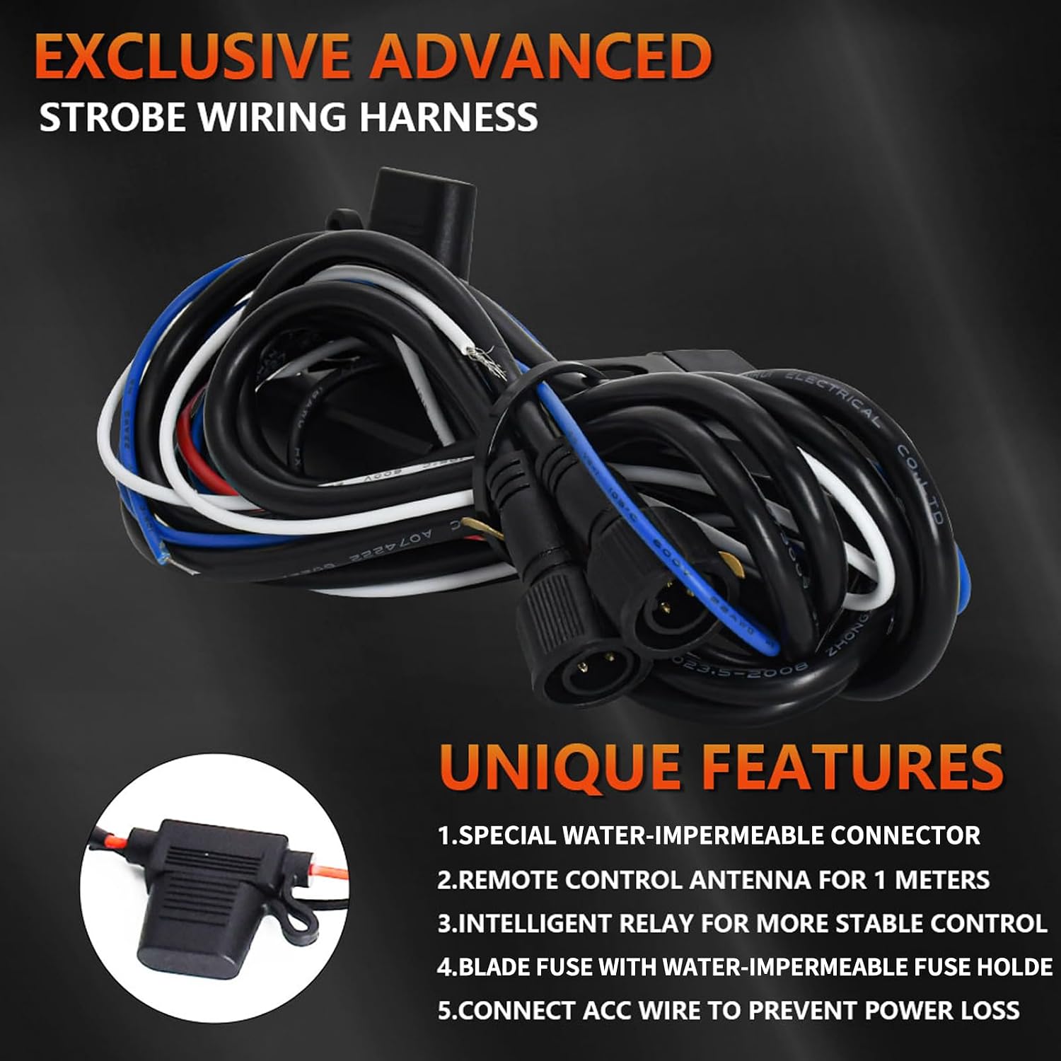 Shkalacar LED Light Wiring Harness Kit Motorcycle Wiring Harness with Intelligent Relay 1m Antenna & Compact Switch for Auxiliary Fog Lights 300W 16AWG Wire Gauge Color Coded Wires