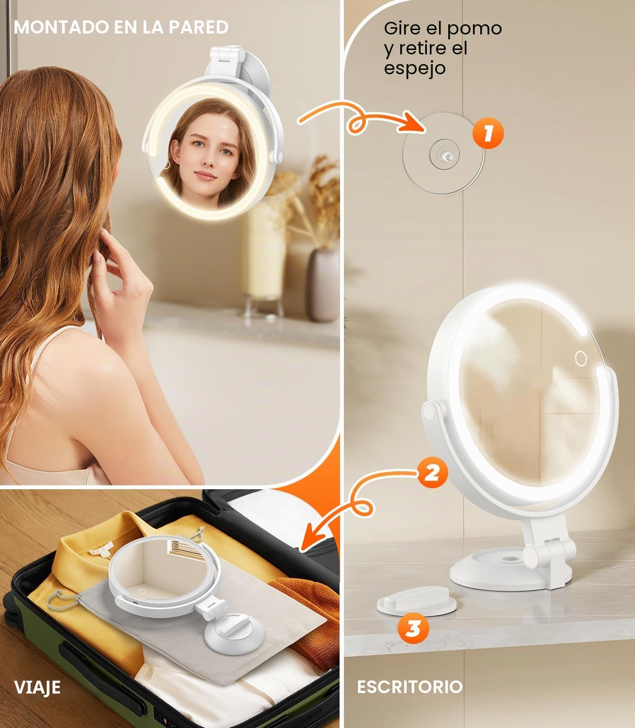 Gospire Espejo de maquillaje montado en la pared de 7 pulgadas con luces y aumento de 10X, espejo de baño iluminado de 3 colores con potente ventosa de bloqueo, afeitado para hombres, LED para