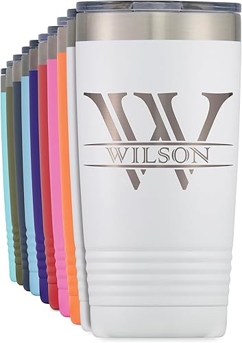 Vaso personalizado con inicial y nombre grabados, taza de acero inoxidable de 20 onzas, vaso de café de viaje aislado al vacío de doble pared con