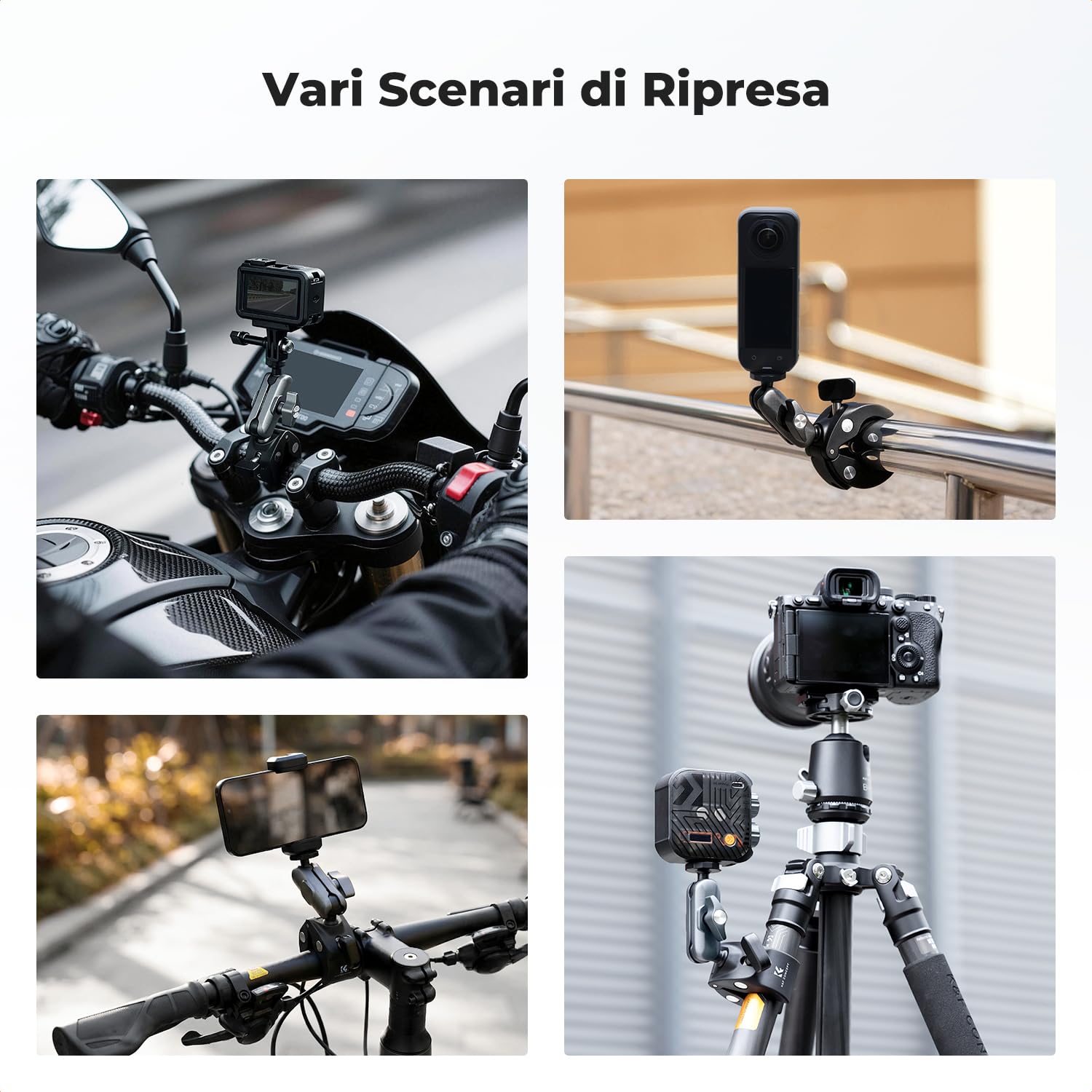 K&F CONCEPT Supporto Action Camera con Super Clamp e Doppia Testa a Sfera 360°, Morsetto per Manubrio Moto e Bici, Compatibile con GoPro Hero 13/12, Insta360 X5/X4, DJI Osmo Action 5/4/3 e Pocket 3