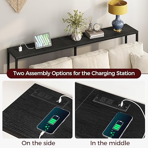 Miniatura 84 de Mesa consola con toma de corriente, mesa de sofá estrecha de 70.9 pulgadas, mesa de entrada industrial con puertos USB, mesa detrás del sofá para