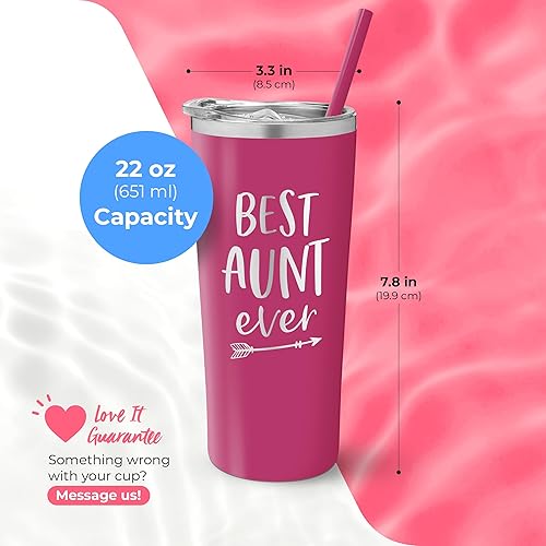 Miniatura 5 de Vaso personalizado de acero inoxidable con la frase "Best Aunt Ever", taza aislada con bonito diseño, tapa de cierre deslizante con pajilla, para
