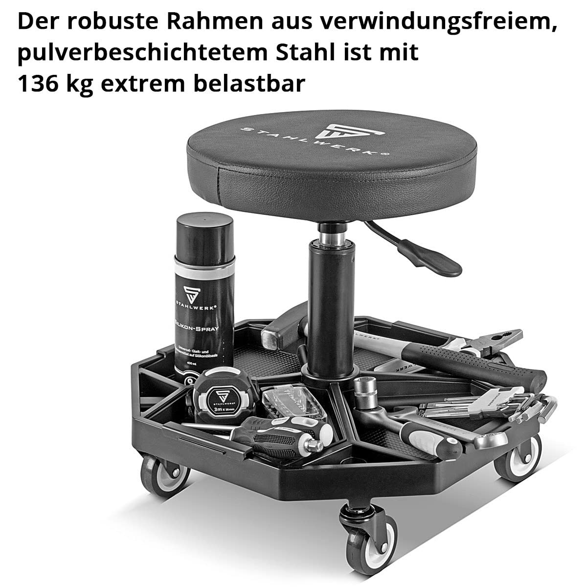 STAHLWERK Höhenverstellbarer Werkstatthocker WRH-136 ST bis 136 kg belastbar, 40-54 cm Sitzhöhe, mit vier herausnehmbaren Ablagefächern, Rollsitz/Rollhocker mit kugelgelagerten Leichtlauf-Lenkrollen