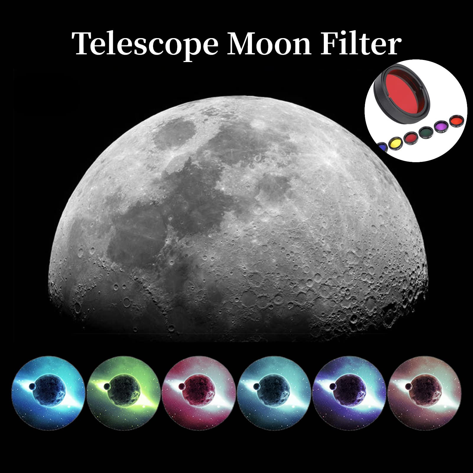 Set di filtri per lenti con filtro lunare da 1,25 pollici, set di 6 filtri colorati (giallo + arancione + rosso + verde + blu + viola), filtro per oculari del telescopio, vetro ottico in lega di allum