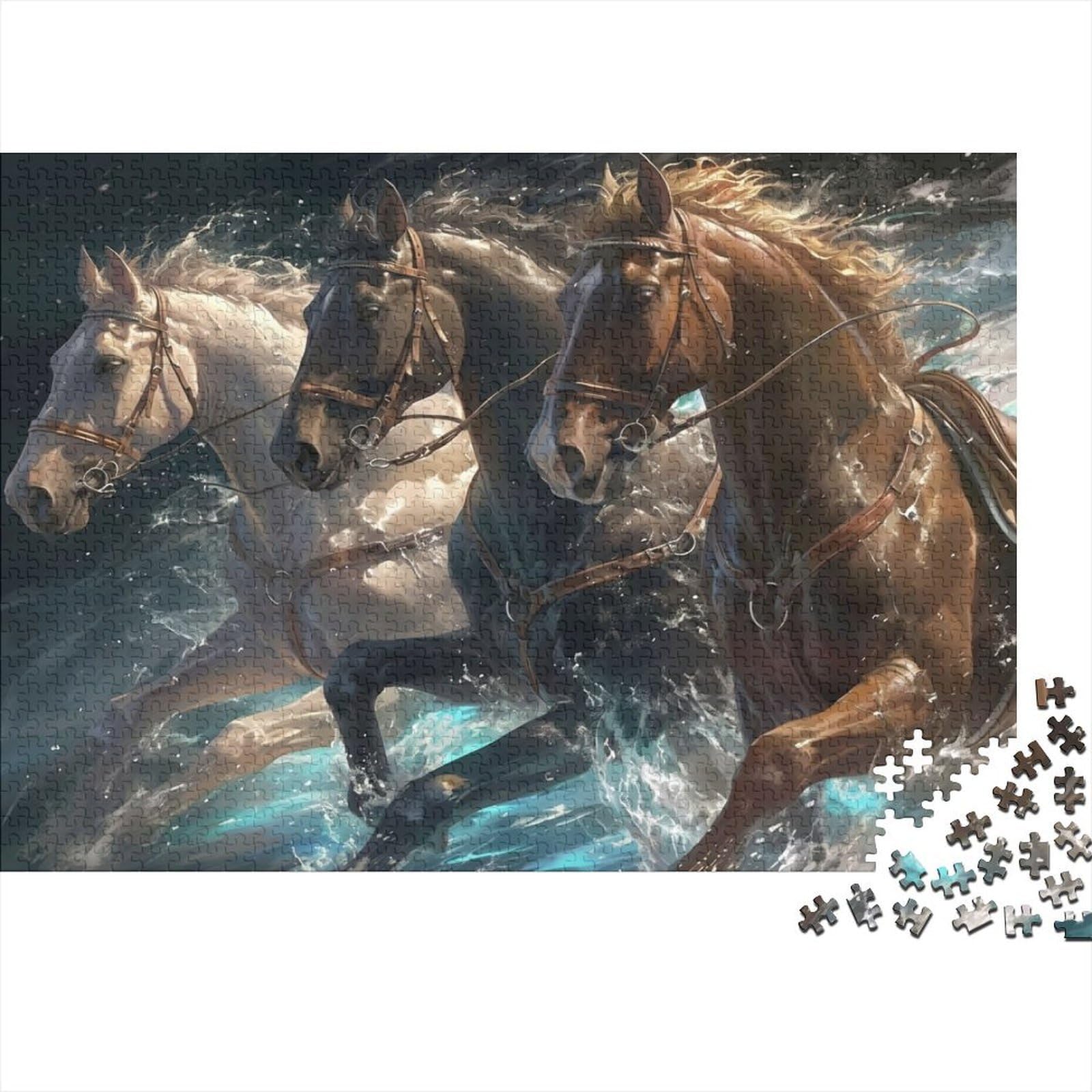 Horses Galloping Water Premium Paper Jigsaw Horses Water Puzzle Brainteasing Relaxing Sustainable Decorative for Adults & Families 52x38cm/1000pcs — image 1