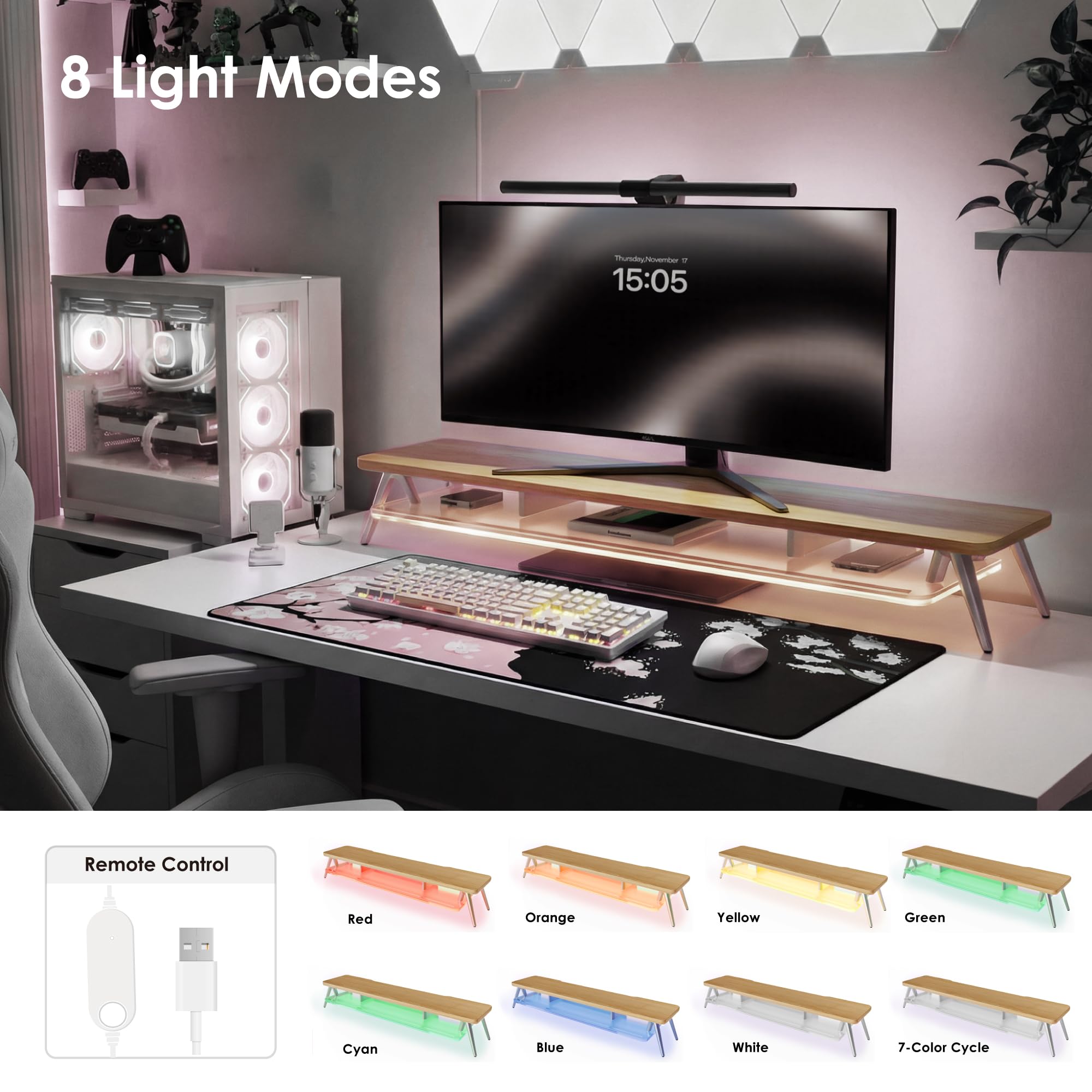 Fenge Support Ecran PC, 108cm, Ruban LED, Pour Ordinateur TV, Chêne Foncé