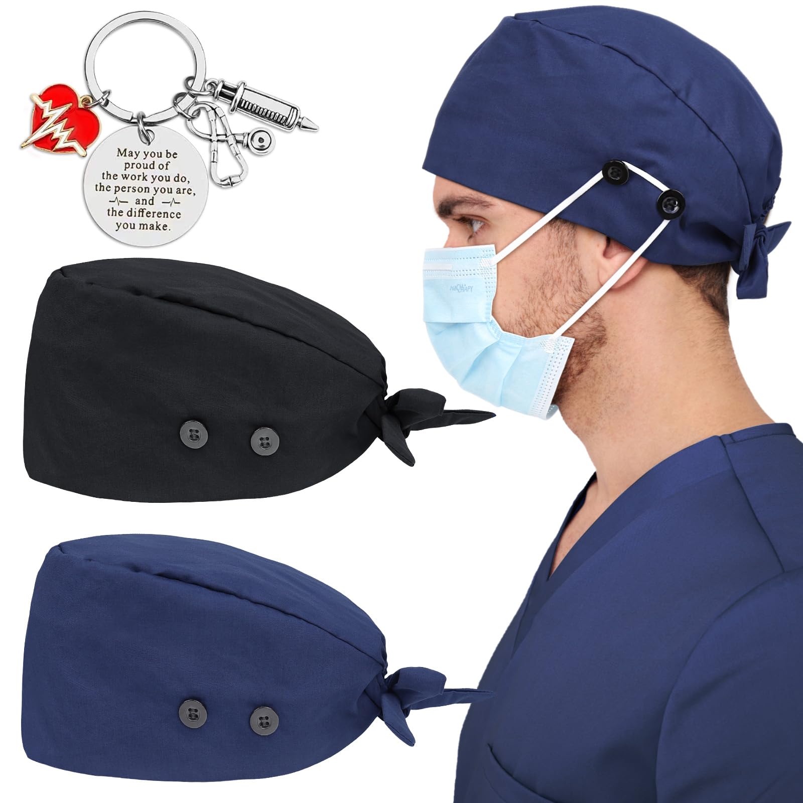 2 Pcs Satin Lined Scrub Cap Nurse Hats for Women Men 4 Buttons